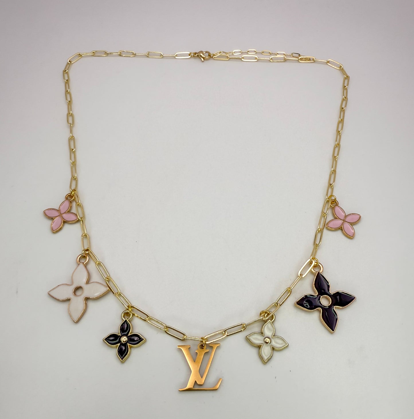 Gold LV Logo Charm Necklace