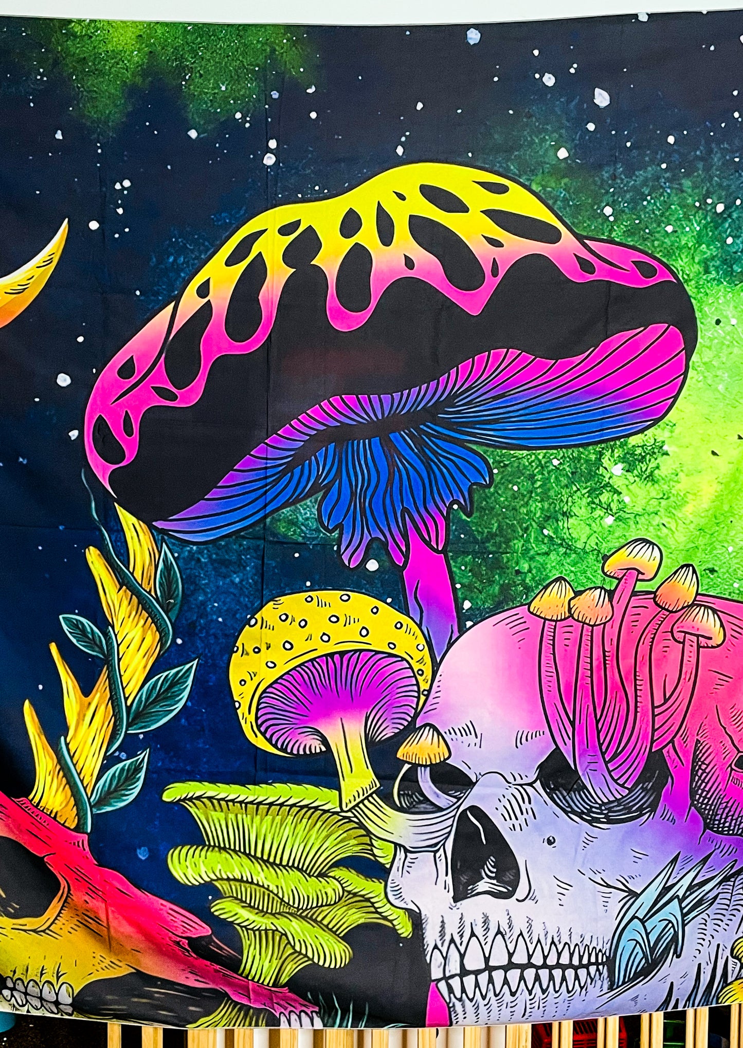 UV Blacklight Reactive Glow in the Dark Fantasy Skull Mushroom Land Tapestry