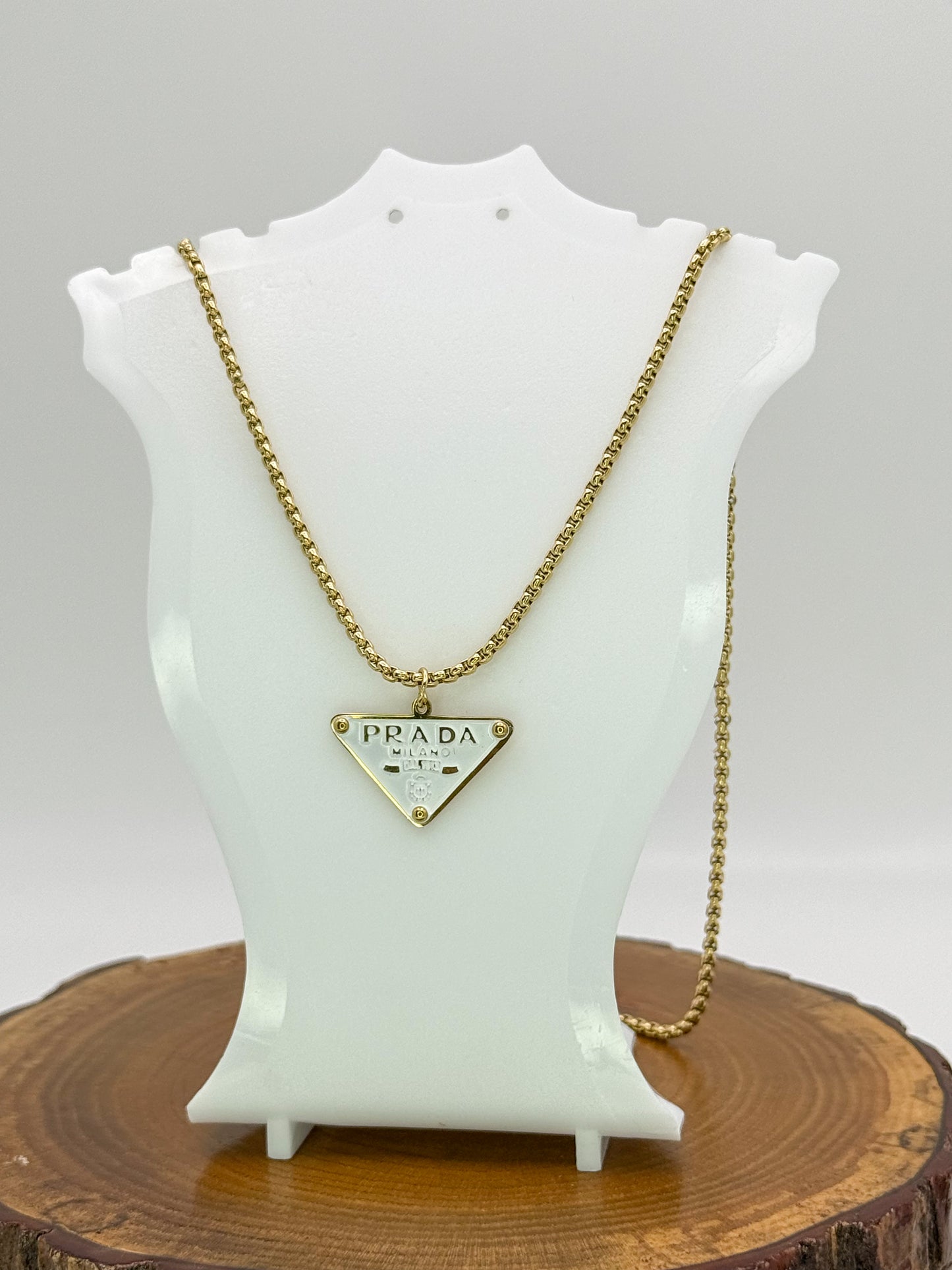 Gold Prada Designer Pendant Stainless Steel Necklace