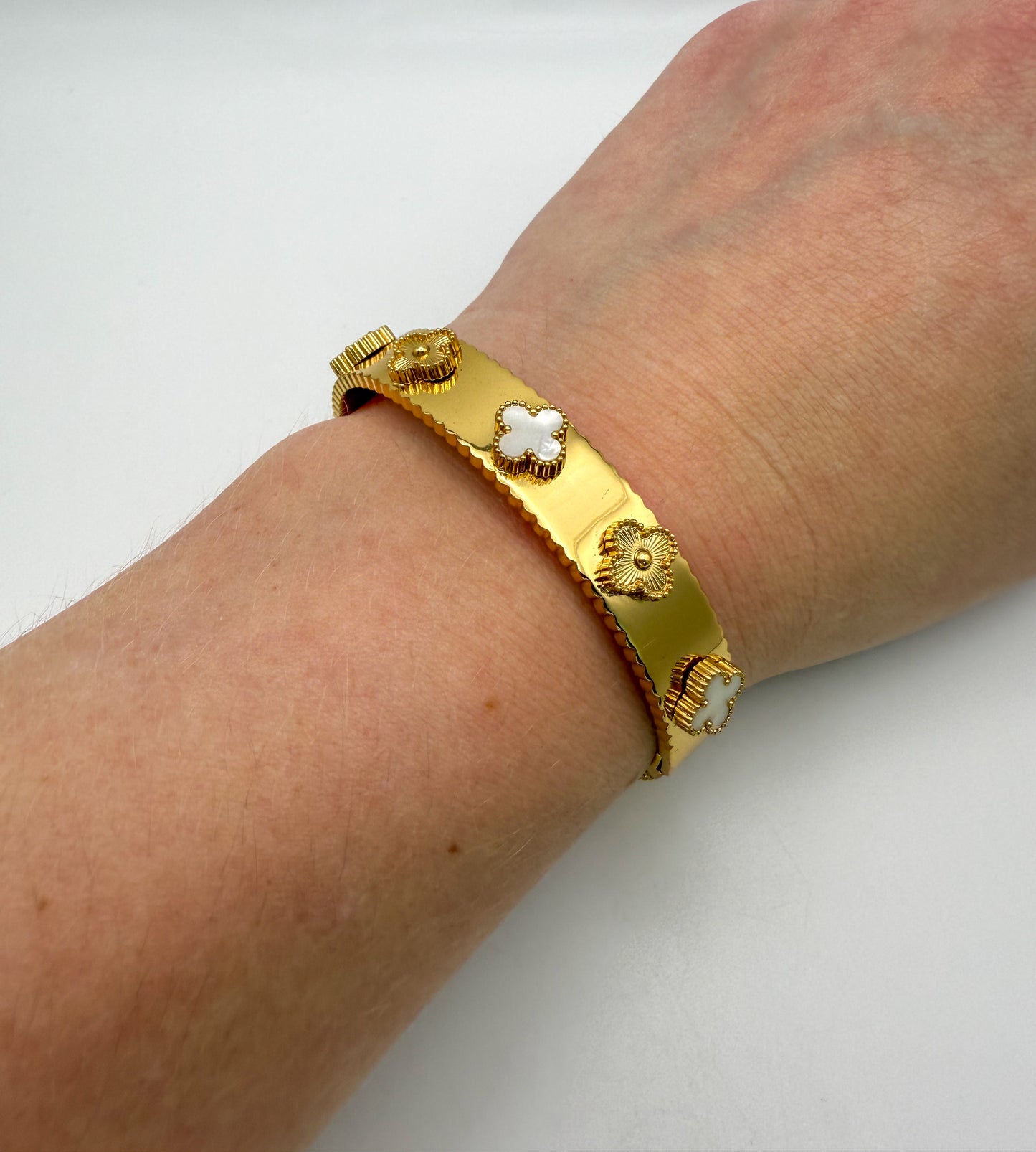 Gold with Mother of Pearl Shell Clover Bangle Bracelet