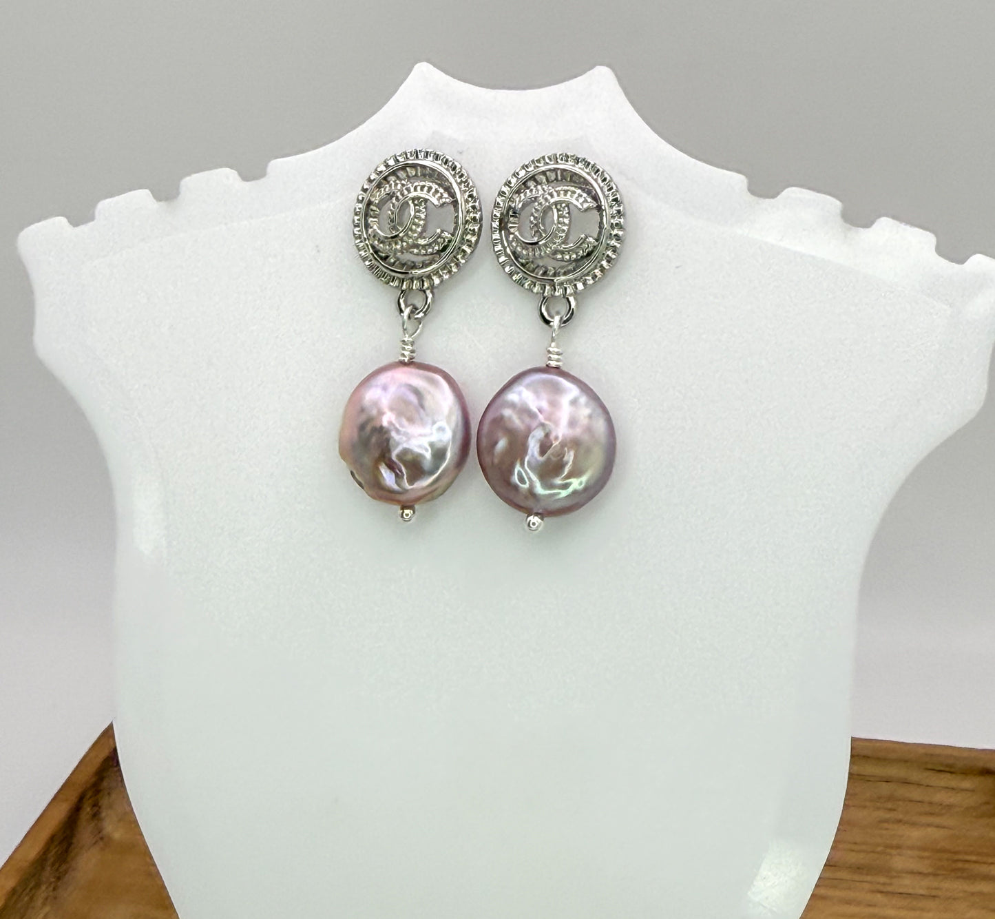 Silver CC Designer Stud Earrings with Dangling Freshwater Pearls