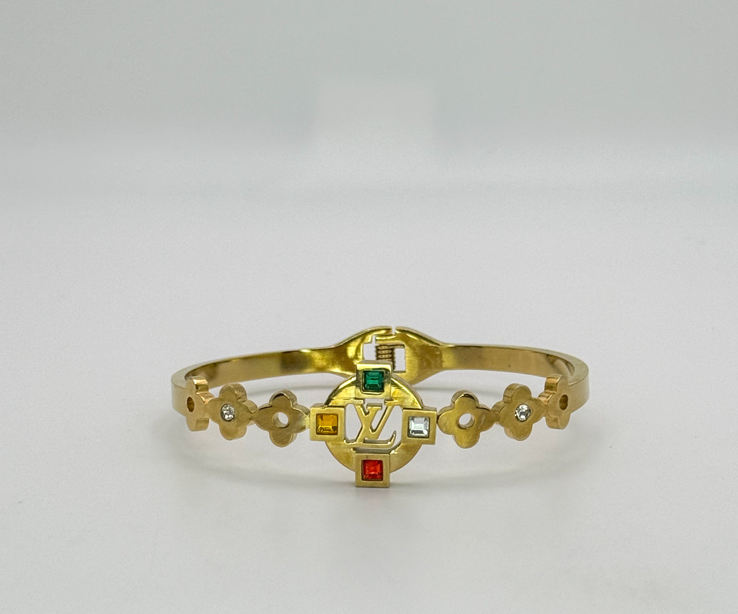 Gold LV Open Front Bangle Bracelet with Colorful Zircon