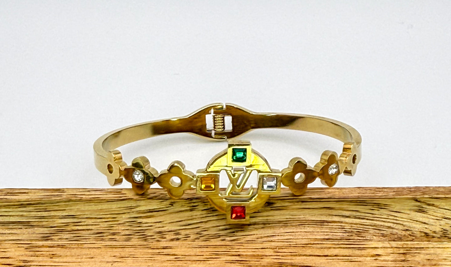 Gold LV Open Front Bangle Bracelet with Colorful Zircon
