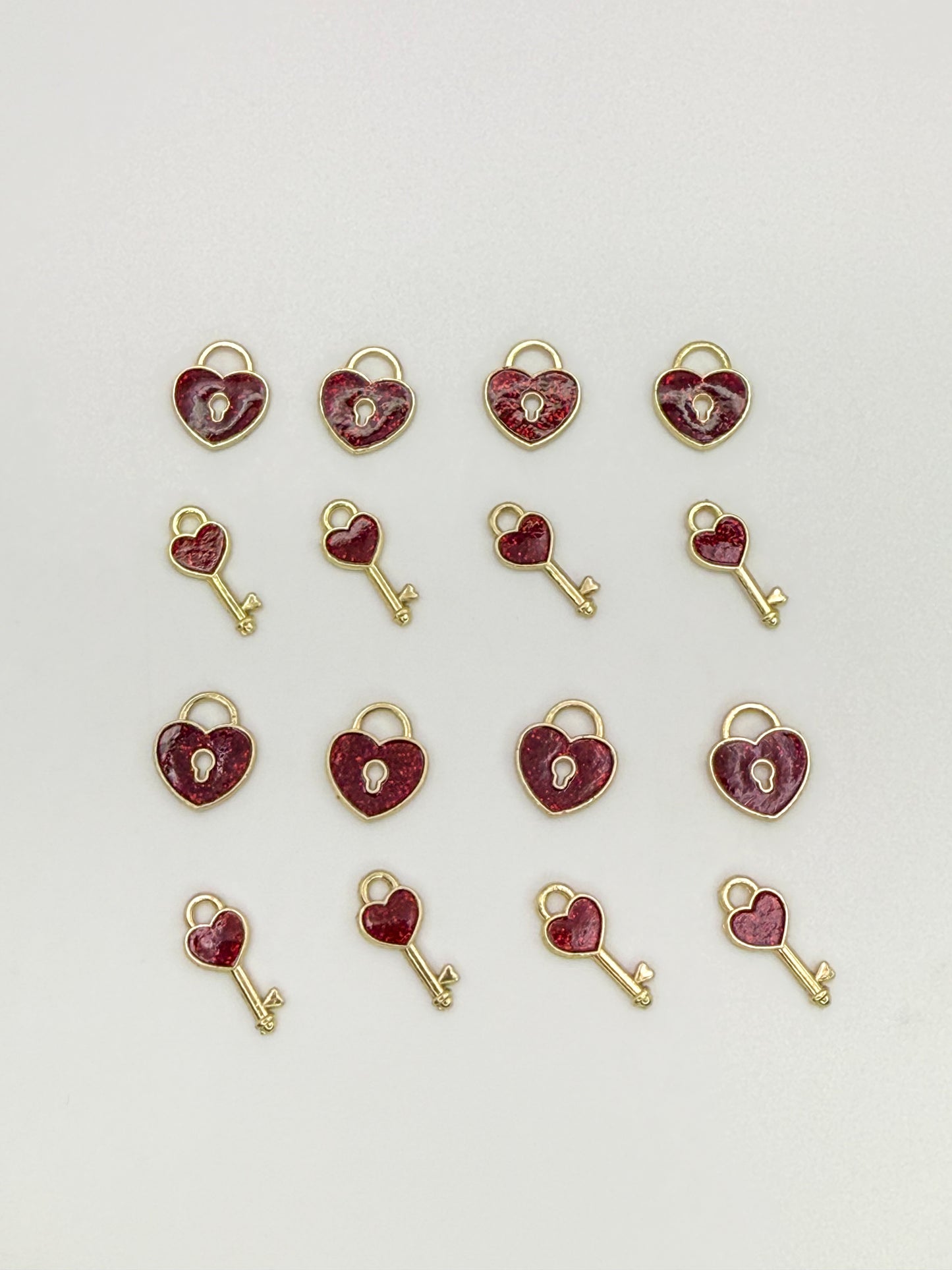 Mini Gold & Sparkling Red Heart Lock & Key DIY Charm Mix