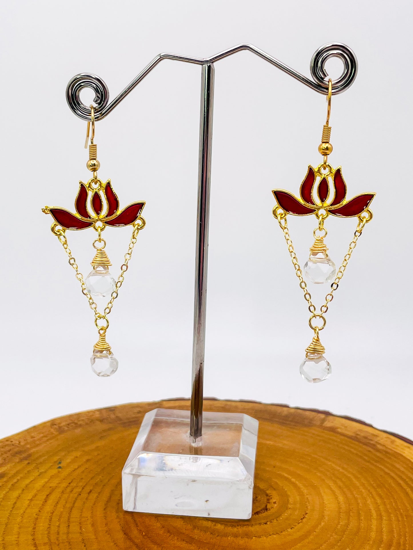 Gold Colorful Lotus Earrings with Natural Crystal Beaded Teardrops
