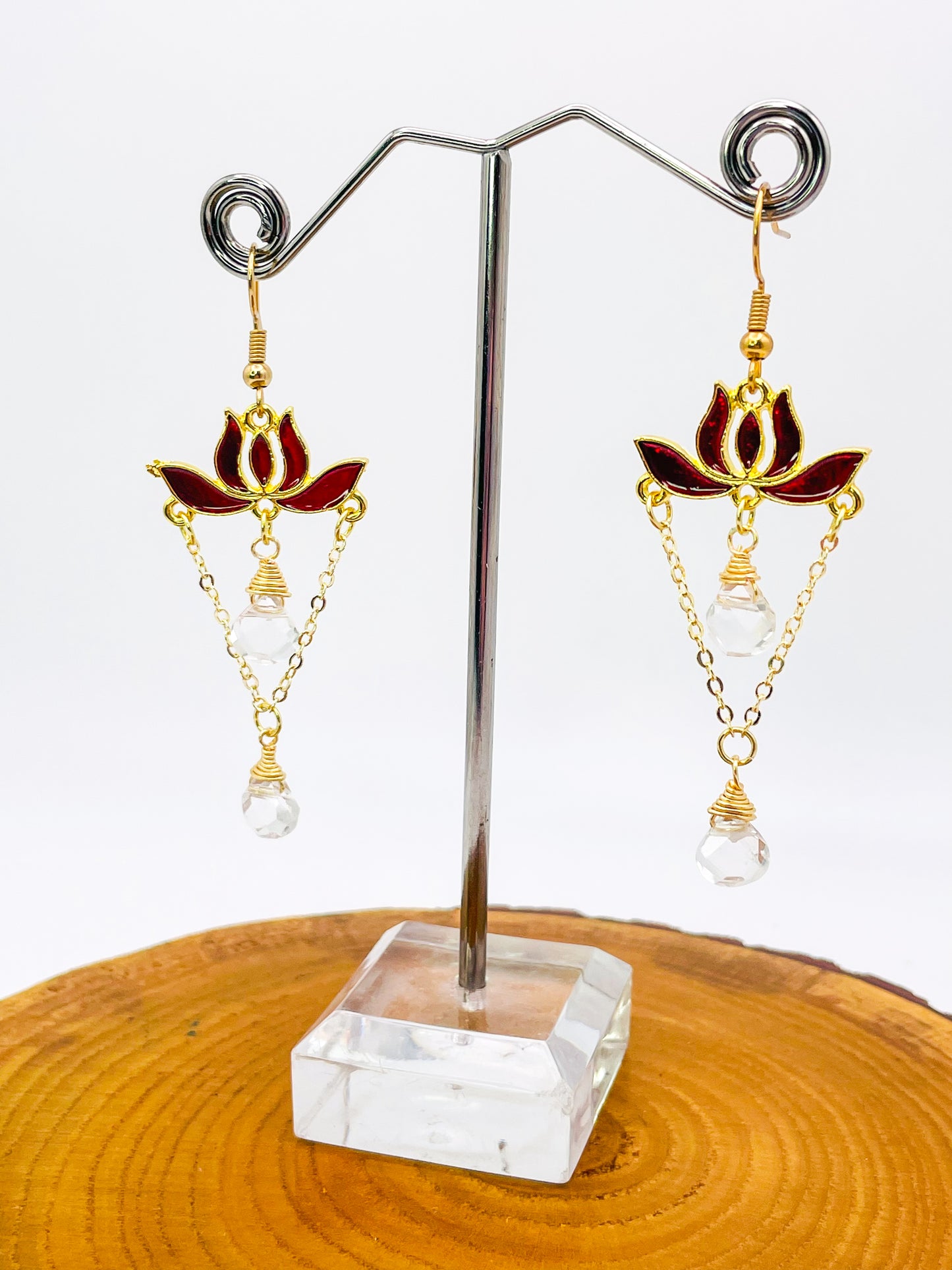 Gold Colorful Lotus Earrings with Natural Crystal Beaded Teardrops