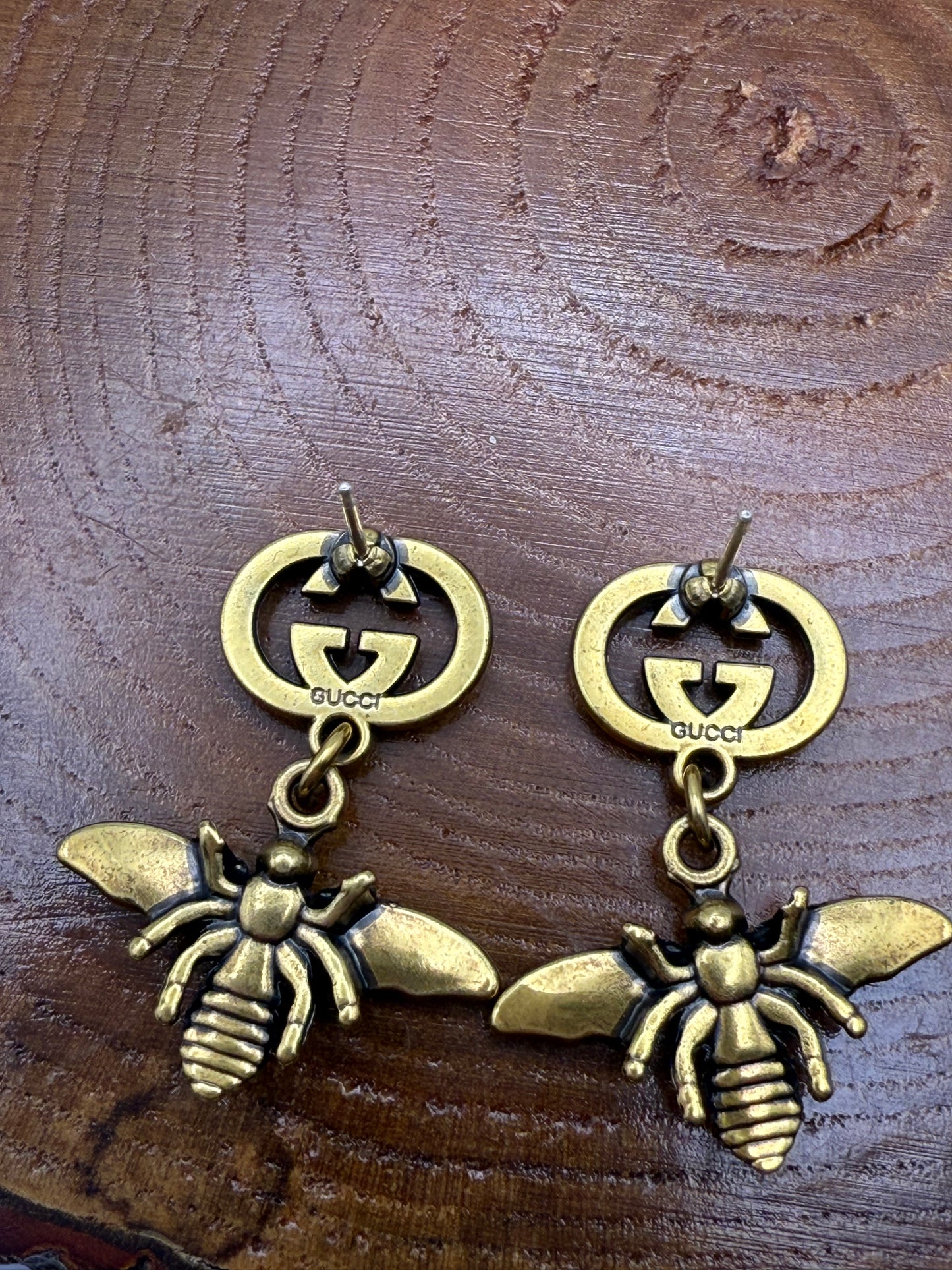 Antique Gold GG Designer Bumble Bee Stud Earrings