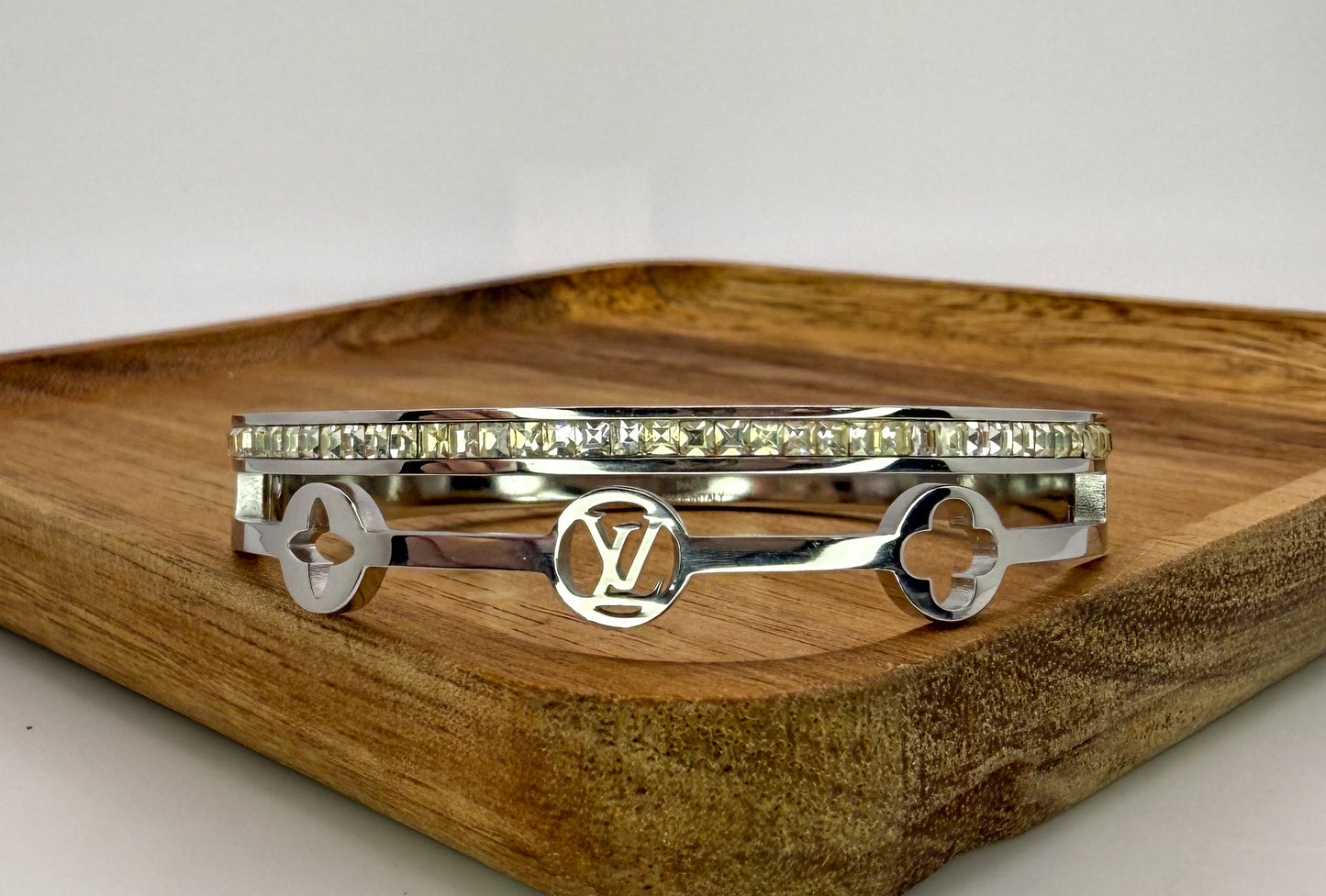 Silver Stainless Steel LV Designer with Rhinestones Bangle Bracelet