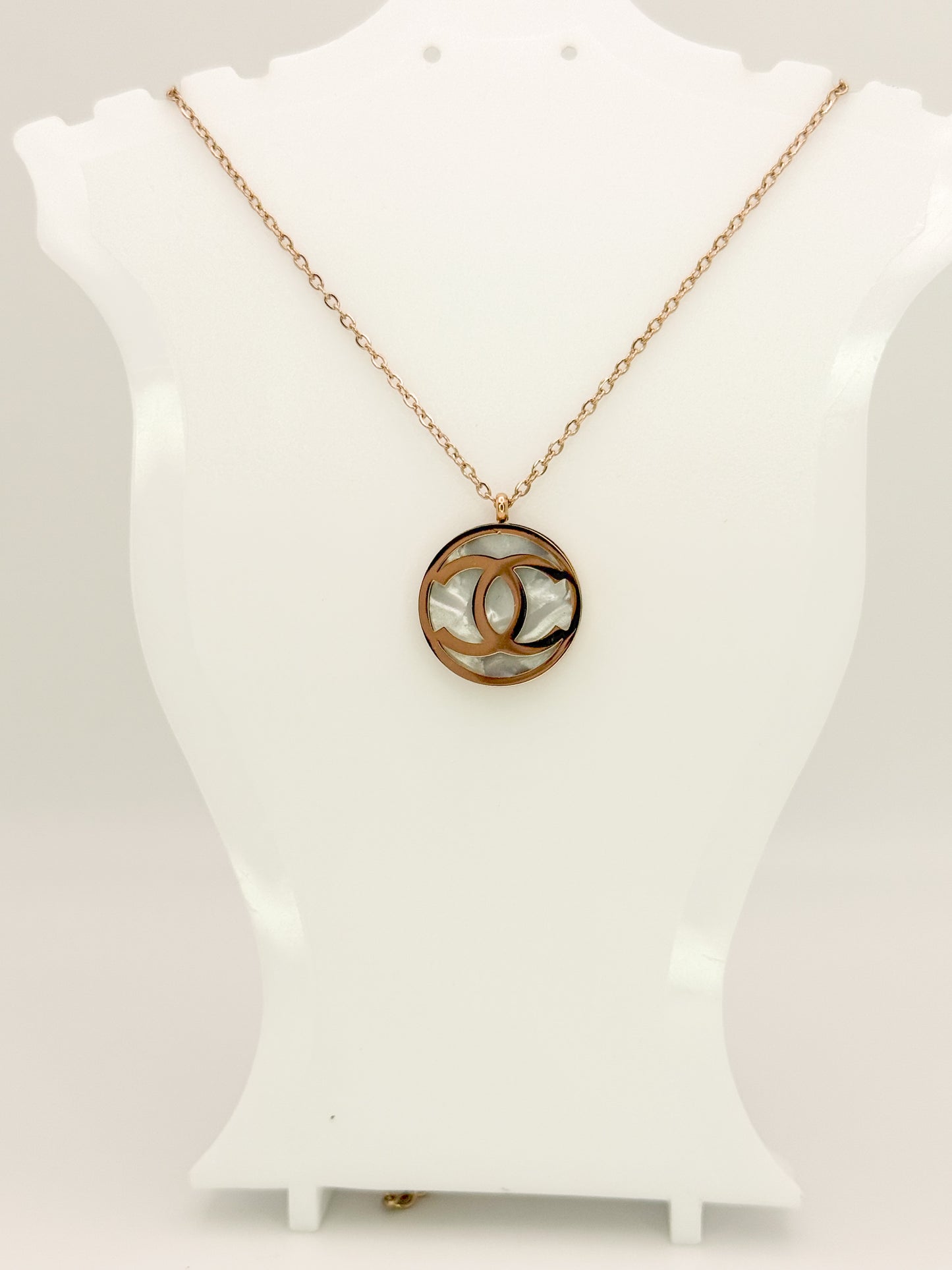 Rose Gold CC Mother of Pearl Pendant Stainless Steel Necklace