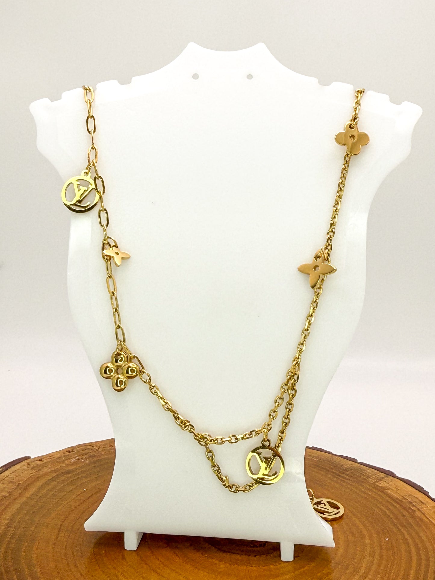 Matching LV Designer Logo Gold Stainless Steel Necklace & Bracelet Set