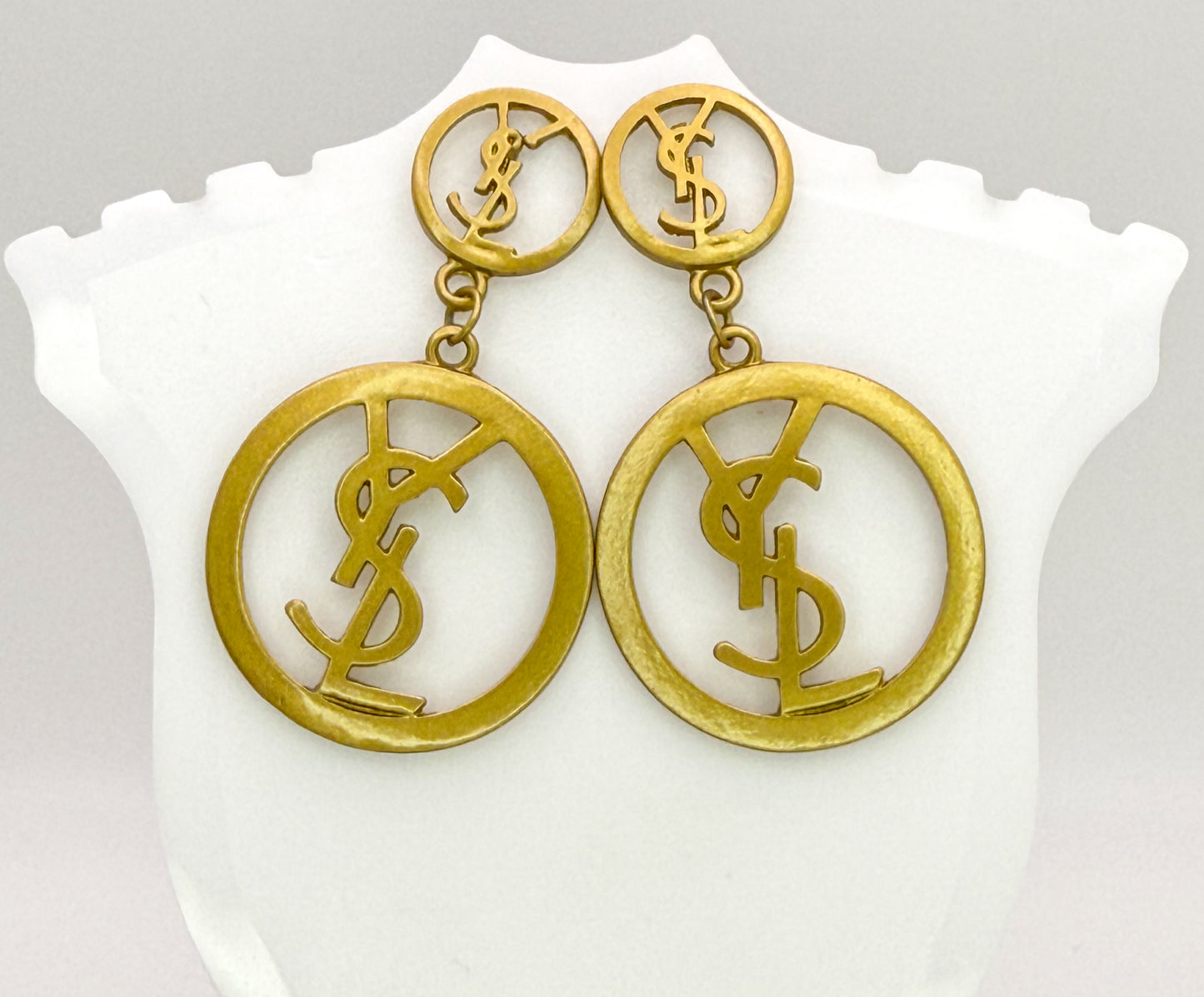 Gold YSL Designer Statement Stud Dangle Earrings
