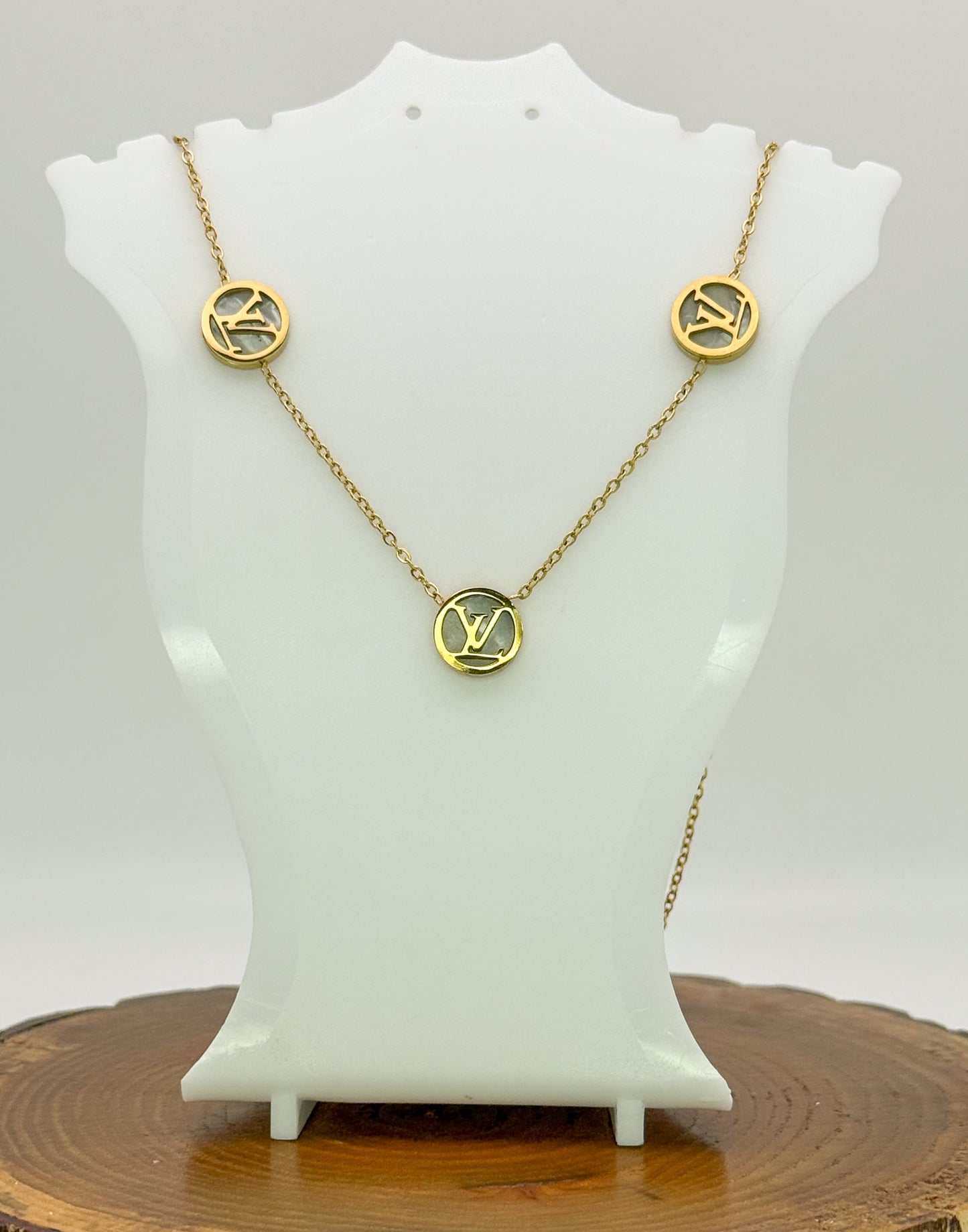 Round LV Designer Gold Stainless Steel Necklace with Mother of Pearl Shell Inclusions