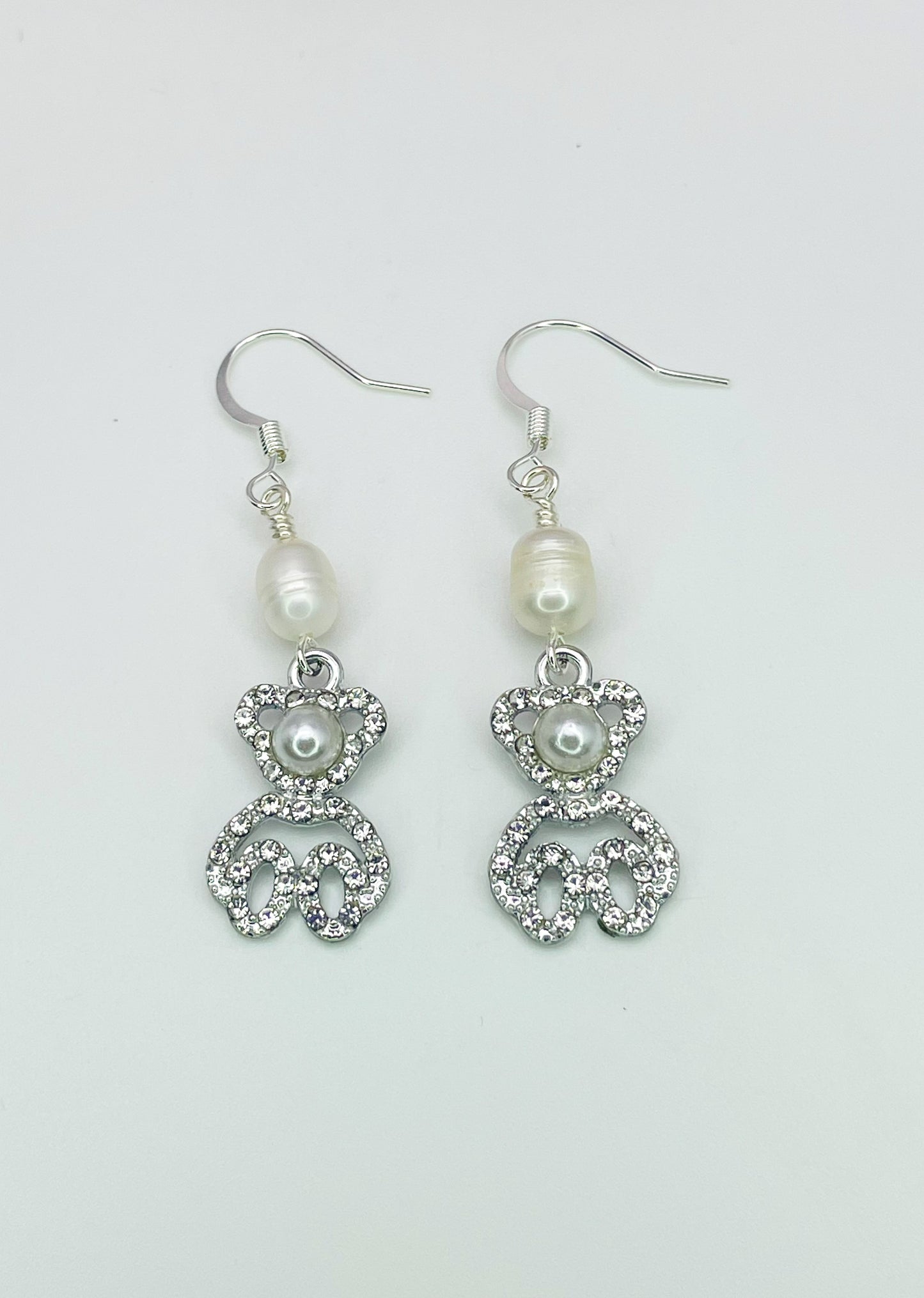 Silver Pearl Teddy Bear Earrings
