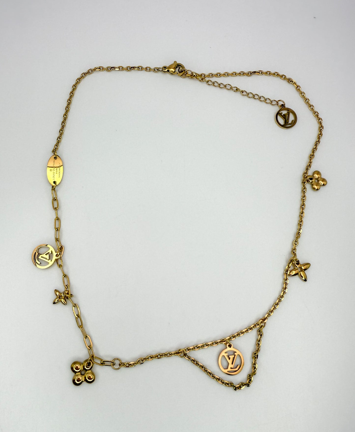 Matching LV Designer Logo Gold Stainless Steel Necklace & Bracelet Set