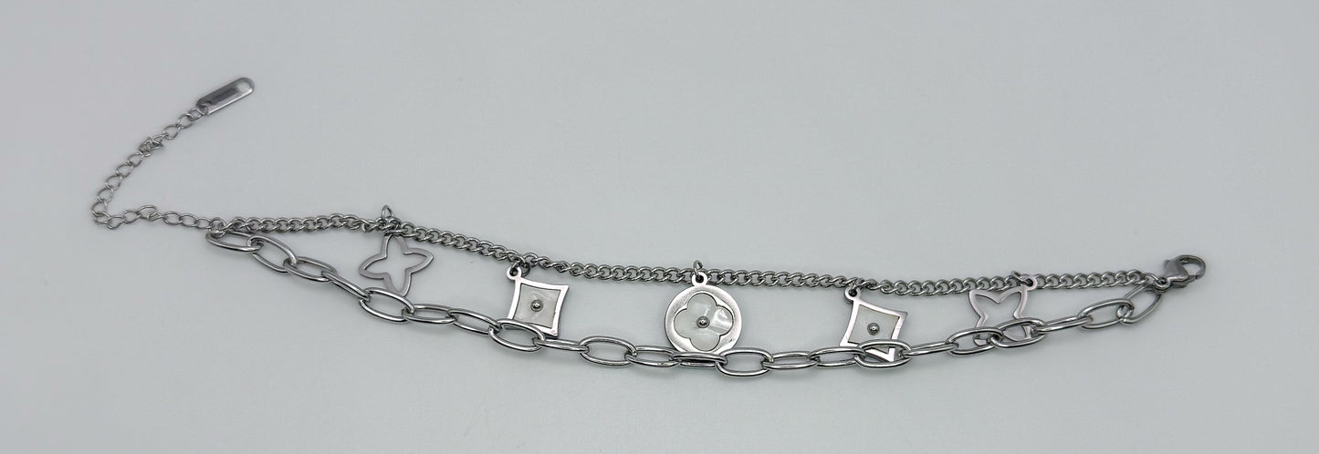 LV Designer Clover Logo Silver Stainless Steel Adjustable Bracelet
