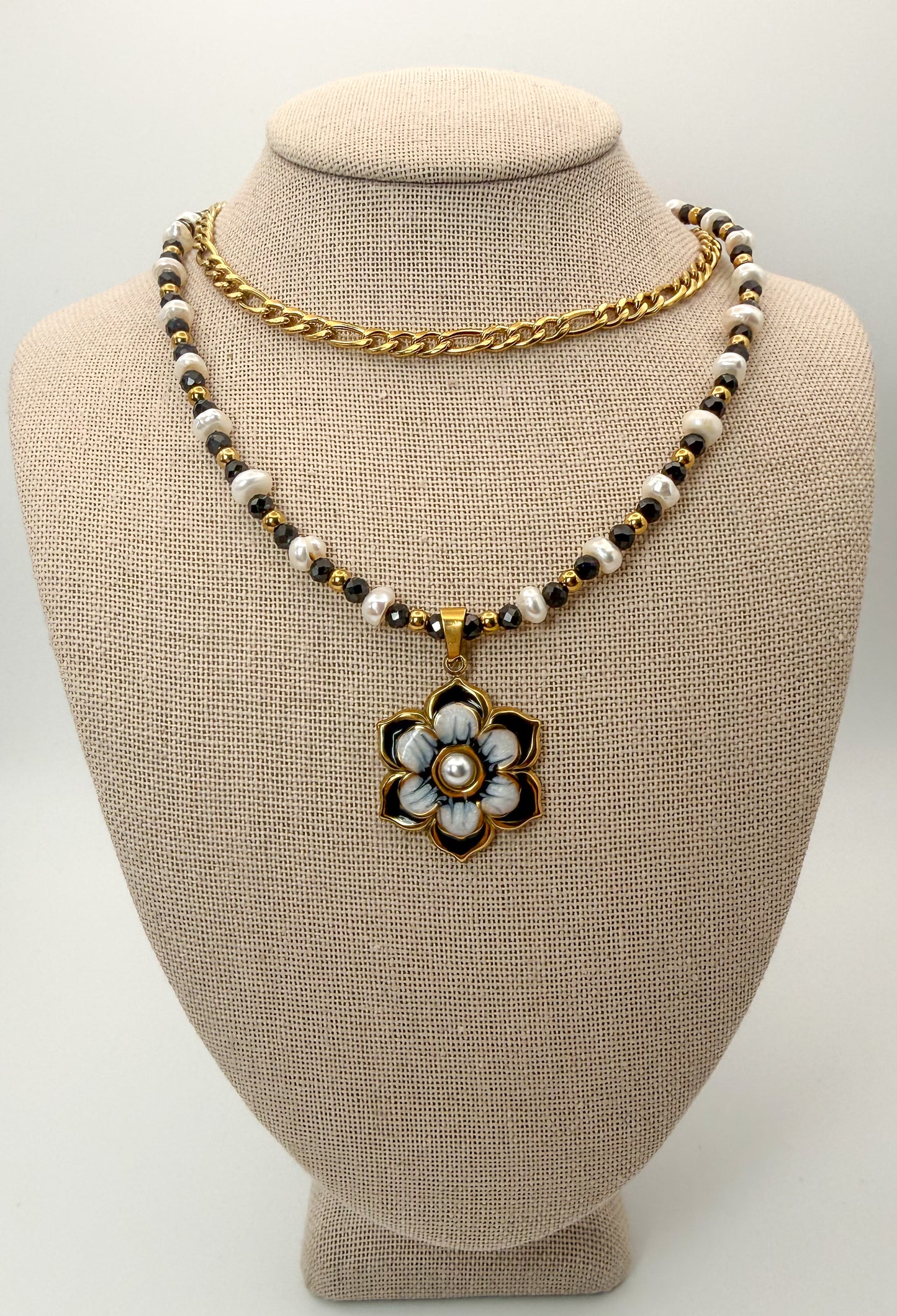 Freshwater Pearls & Natural Black Spinal Faceted Crystal Beaded Stainless Steel Necklace