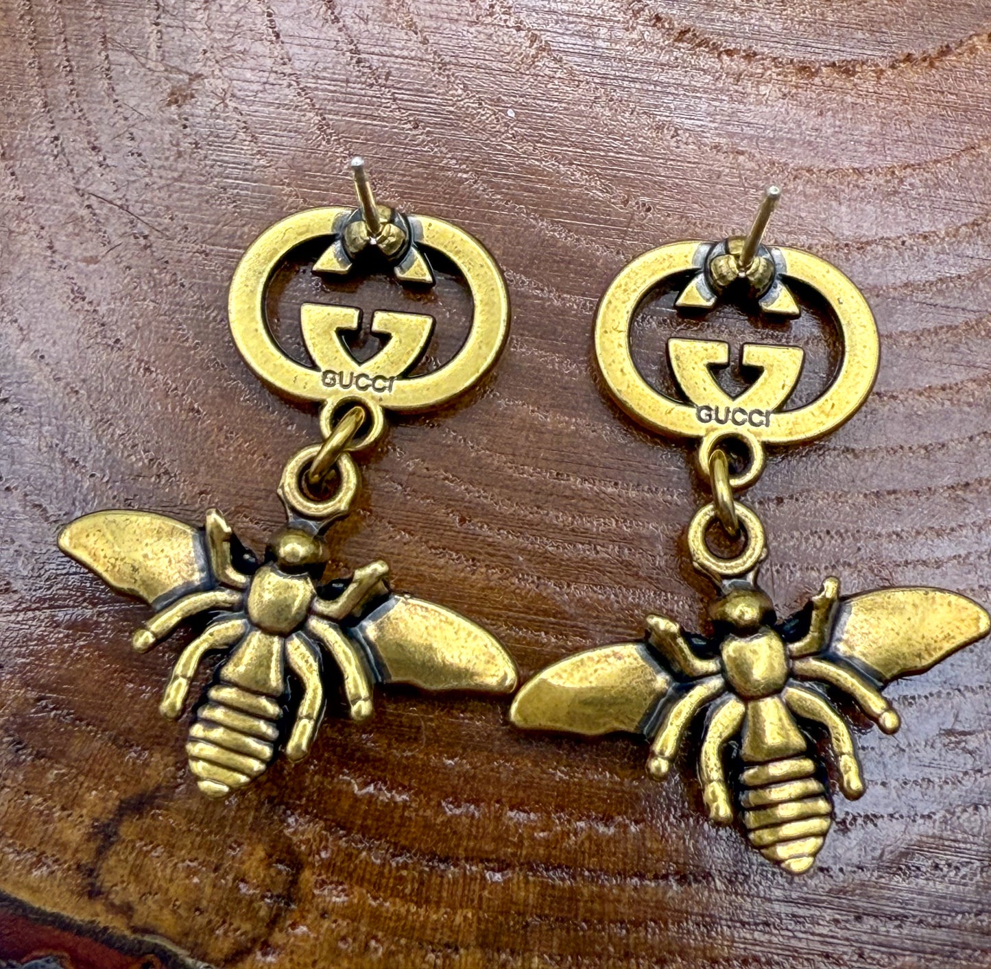 Antique Gold GG Designer Bumble Bee Stud Earrings