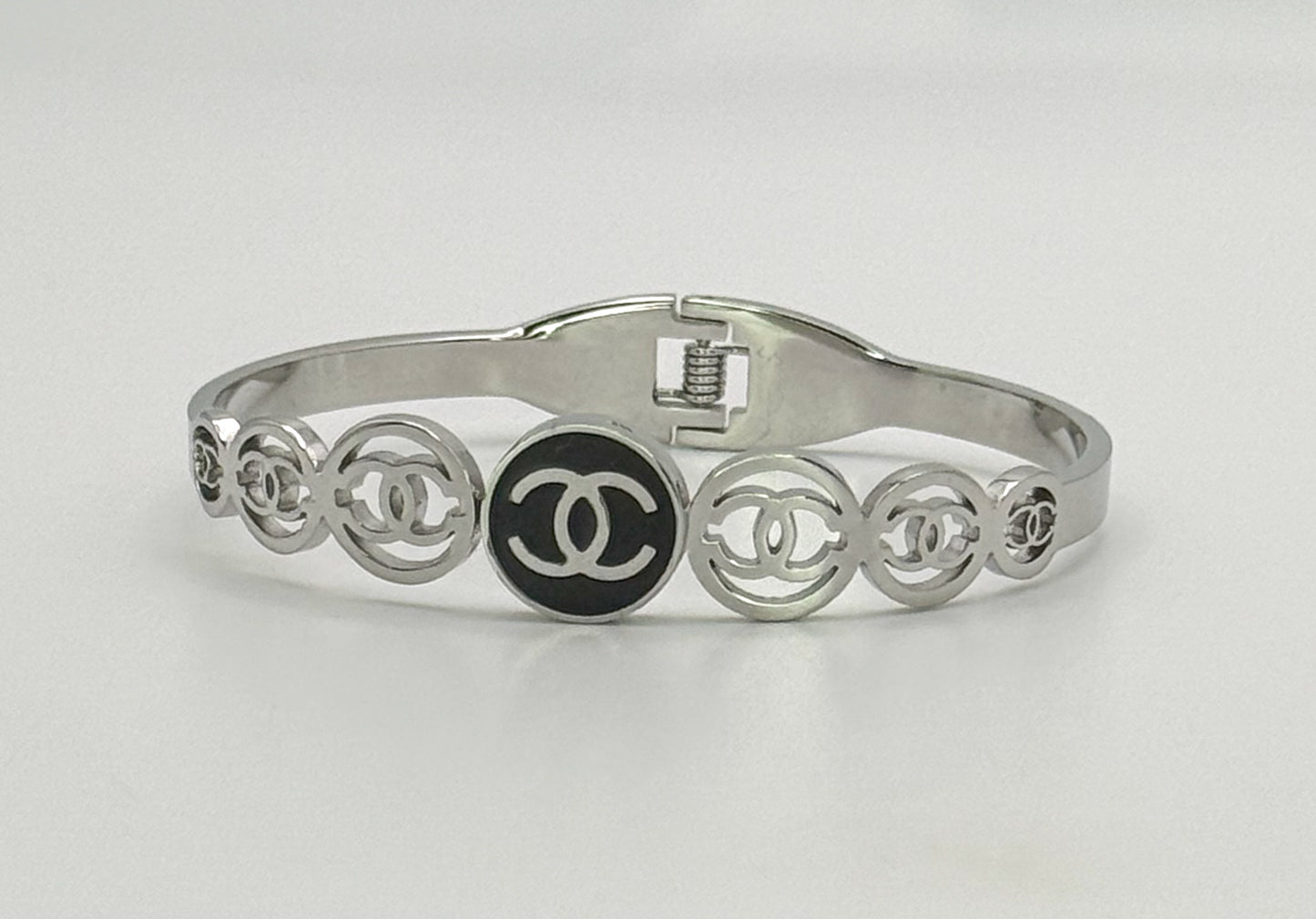 Silver CC Open Front Bangle Bracelet