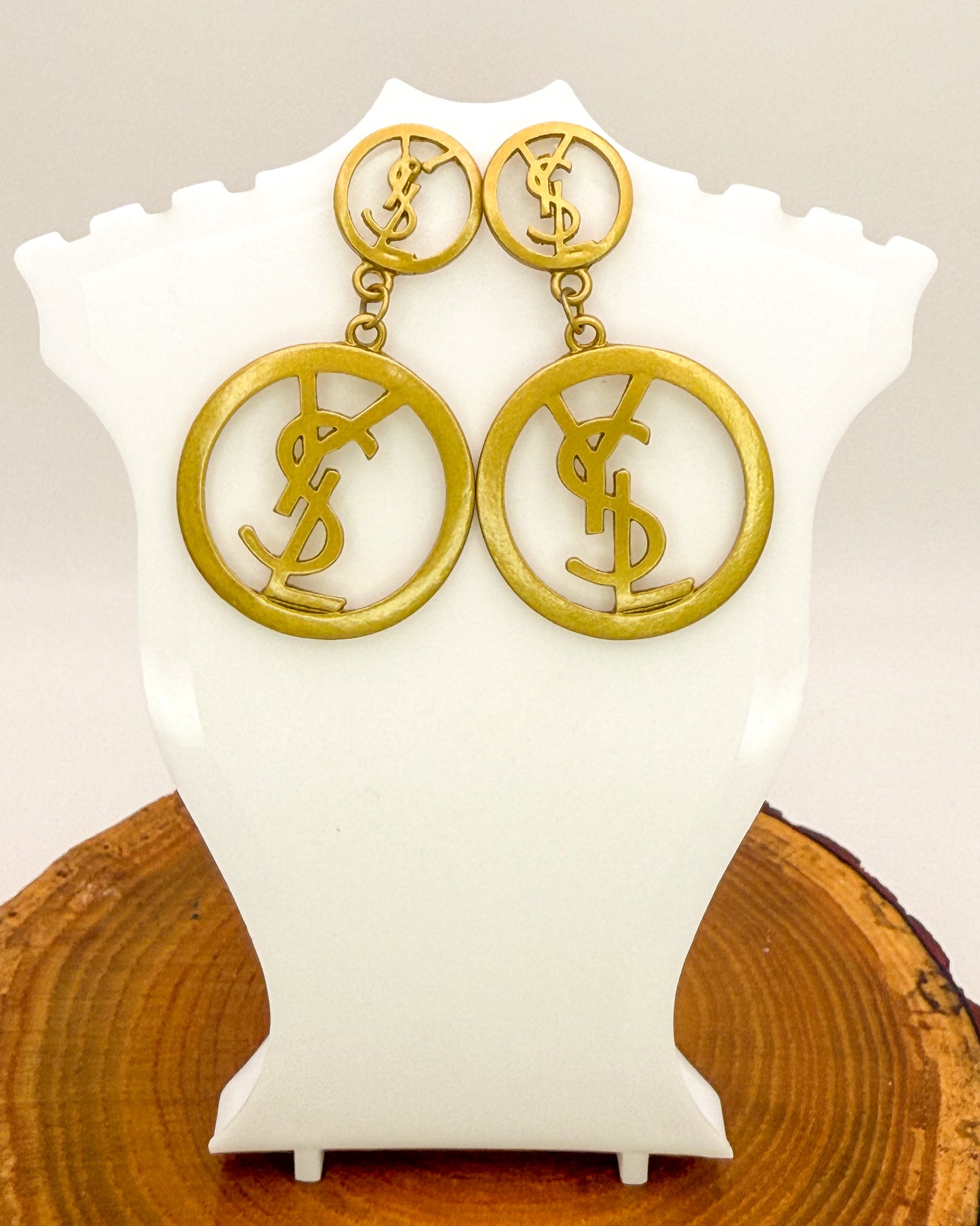 Gold YSL Designer Statement Stud Dangle Earrings