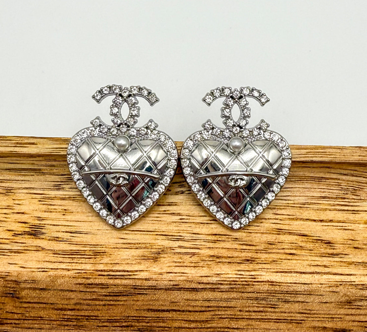 Silver CC Heart Stud Earrings- Stamped