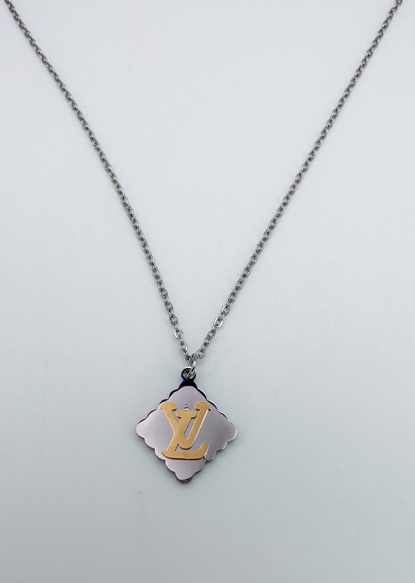 Silver Stainless Steel with LV Gold Logo Pendant Necklace