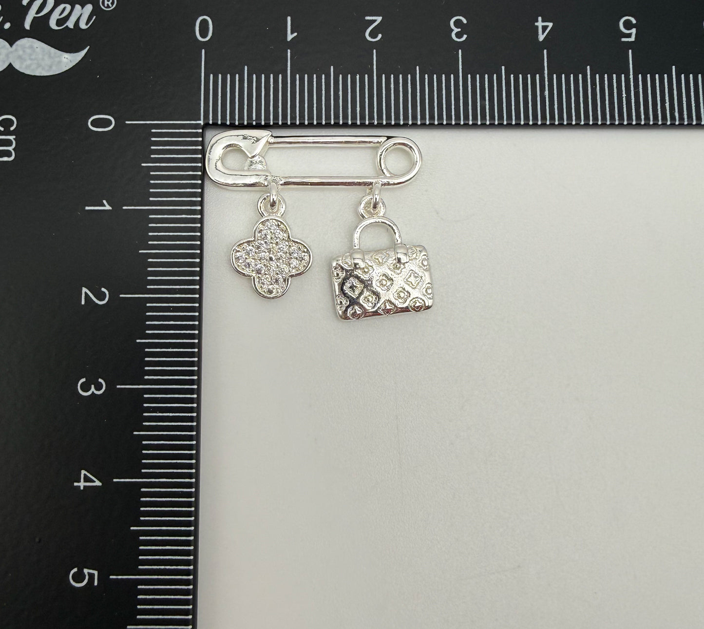 LV Inspired Clover & Purse Silver or Gold Safety Pin Dangle Charm Pendant
