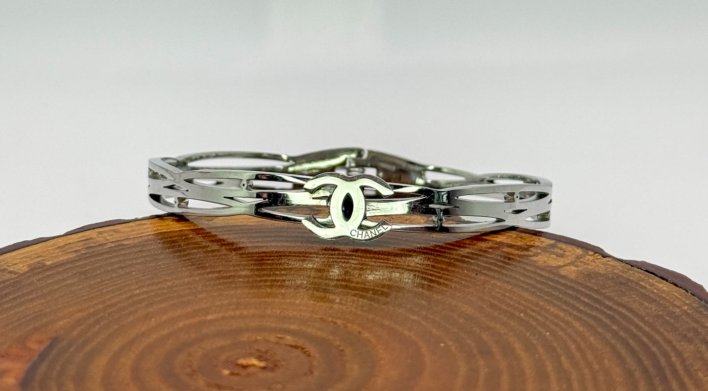 Silver Stainless Steel CC Designer Open Front Bangle Bracelet
