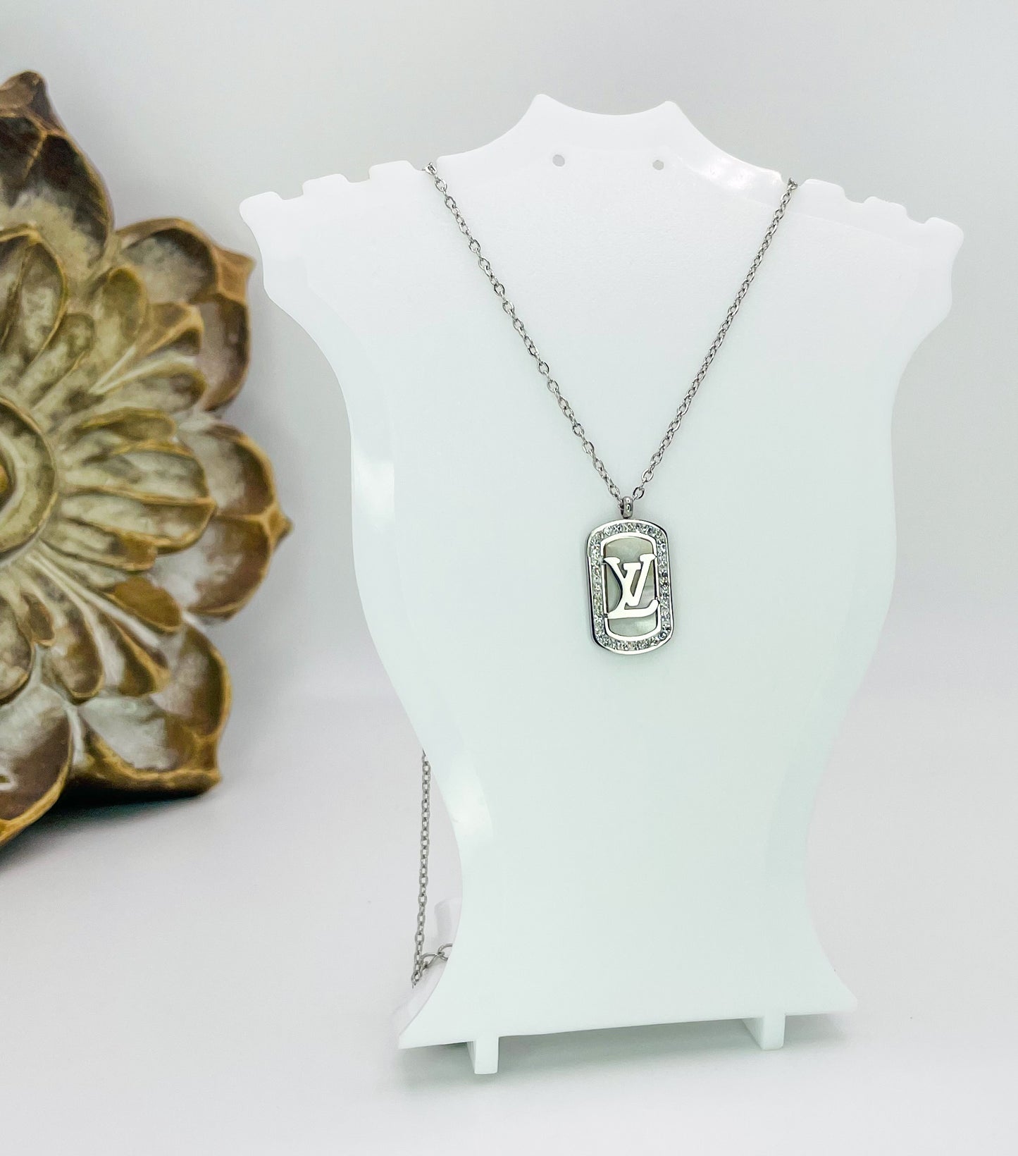 LV Mother of Pearl Rectangle Bling Pendant Stainless Steel Necklace, Gold or Silver