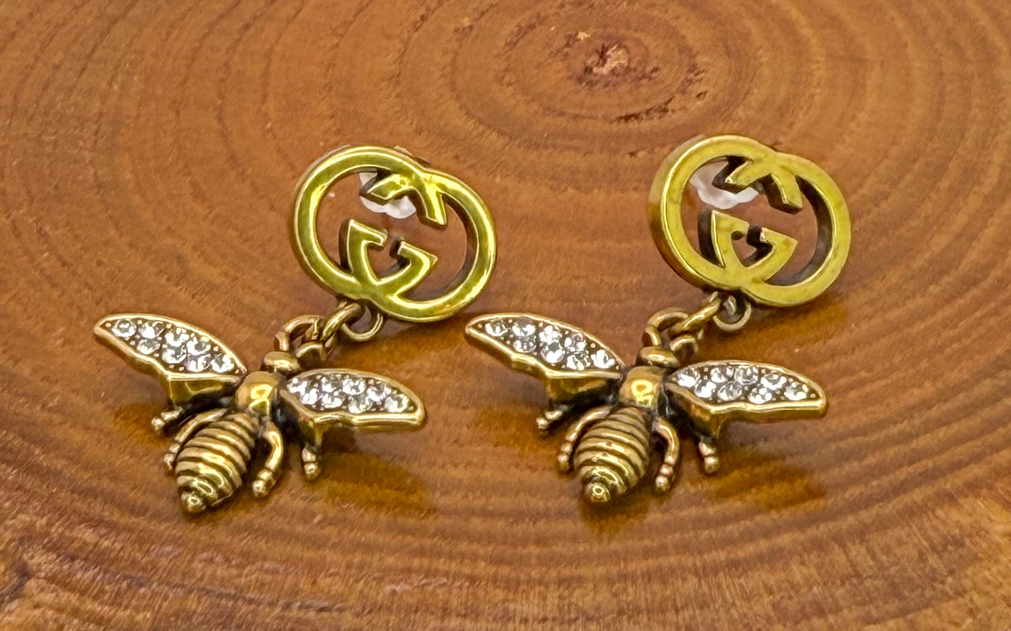 Antique Gold GG Designer Bumble Bee Stud Earrings