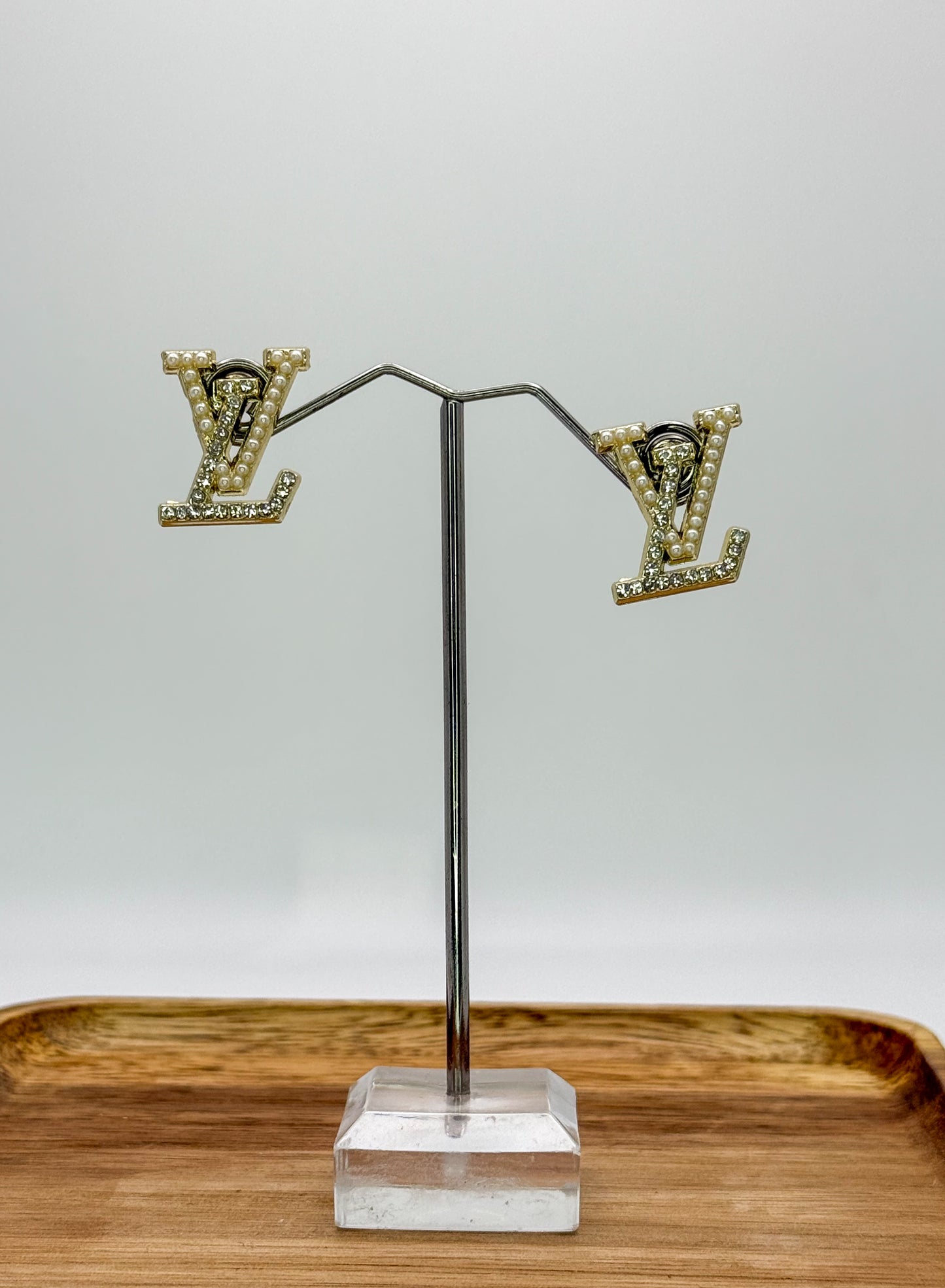 LV Designer Gold Logo Stud Earrings