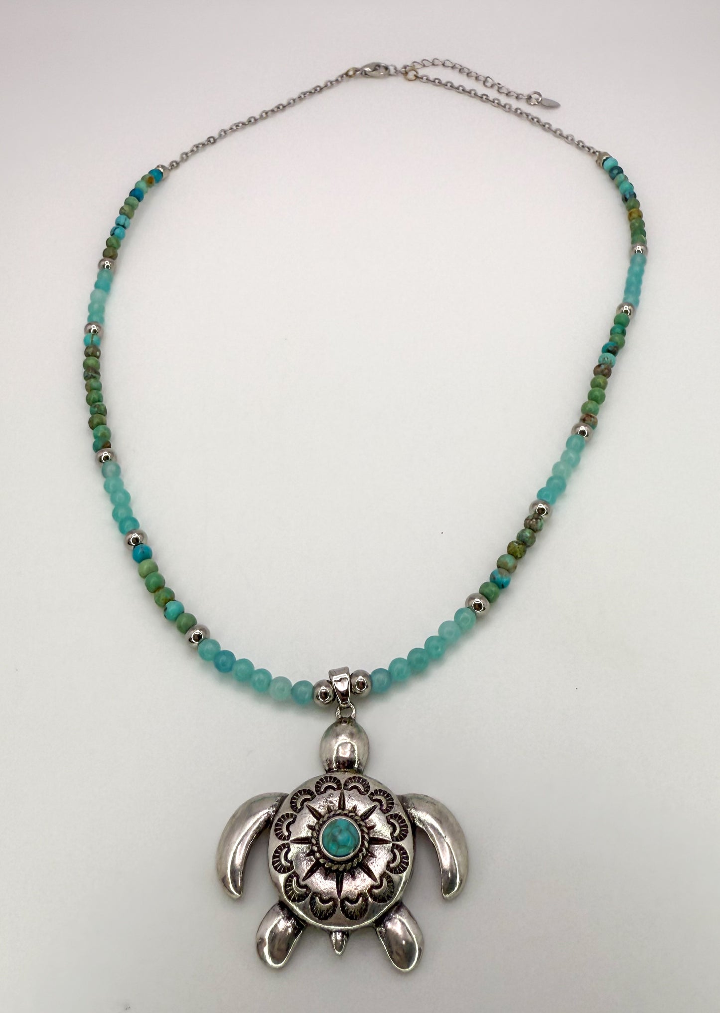 Natural Turquoise & Amazonite Crystal Beaded Necklace with Silver Sea Turtle Pendant