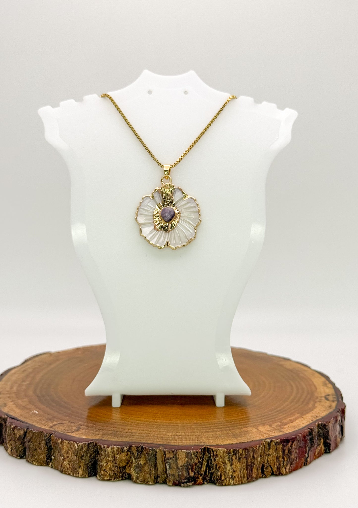 Nature’s Beauty Necklace-Natural Shell with Natural Turquoise Gemstone, Gold Stainless Steel Pendant Necklace