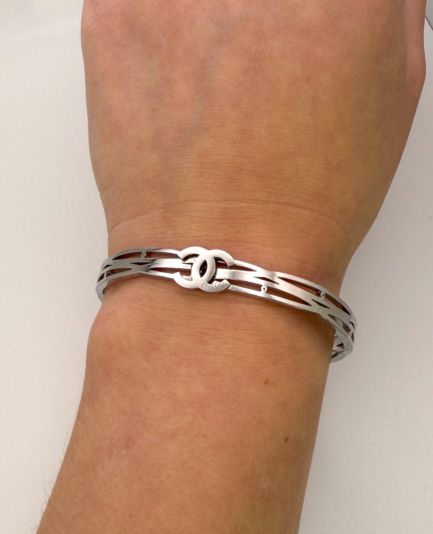 Silver Stainless Steel CC Designer Open Front Bangle Bracelet