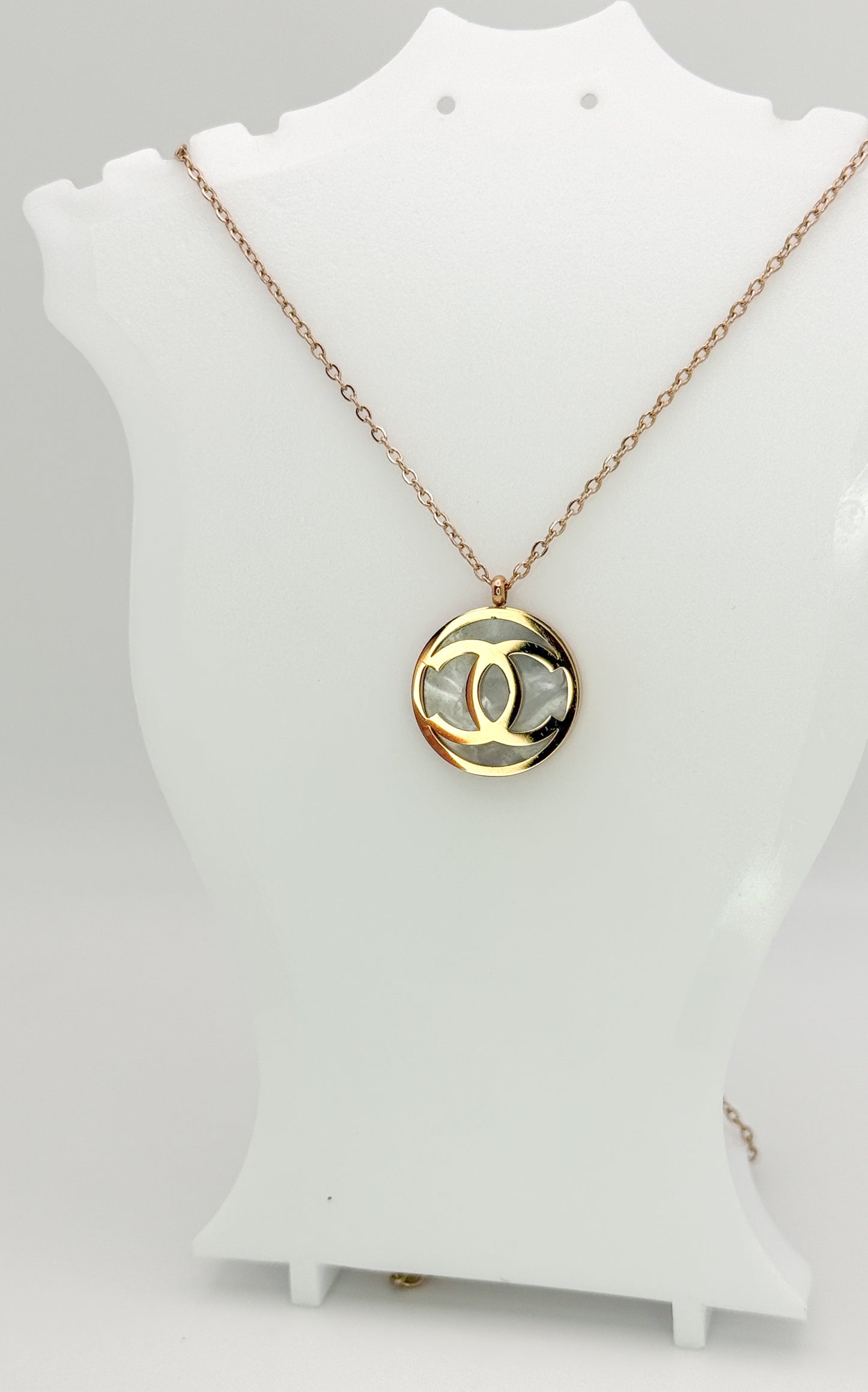 Rose Gold CC Mother of Pearl Pendant Stainless Steel Necklace