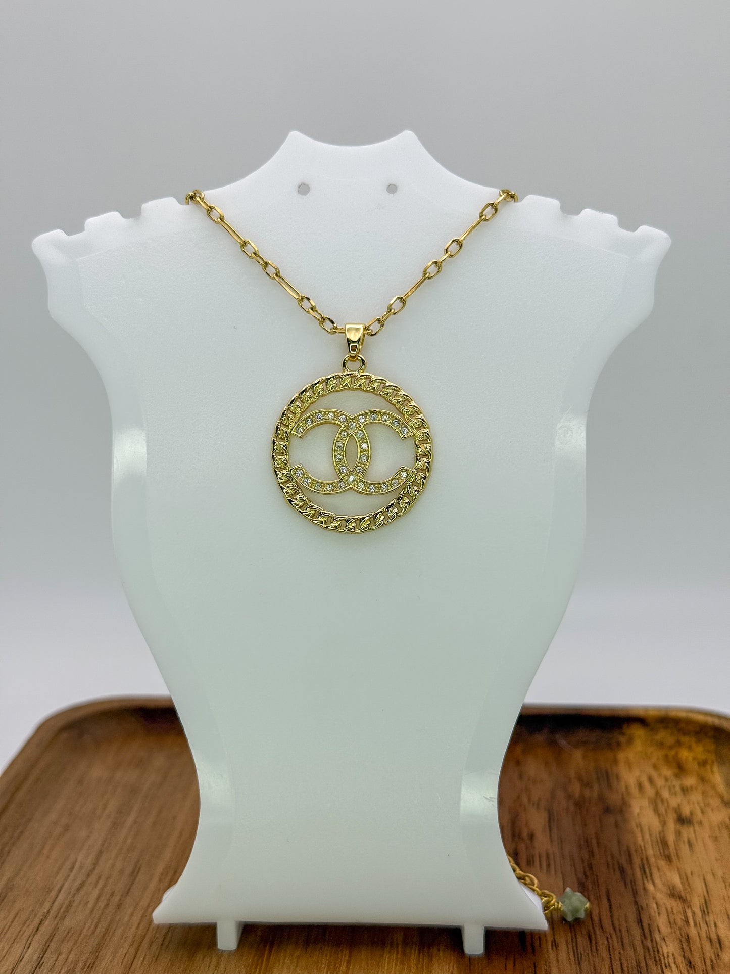 Gold CC Designer Round Pendant on 24k Gold Filled chain with Matching Gold CC Stud Earrings