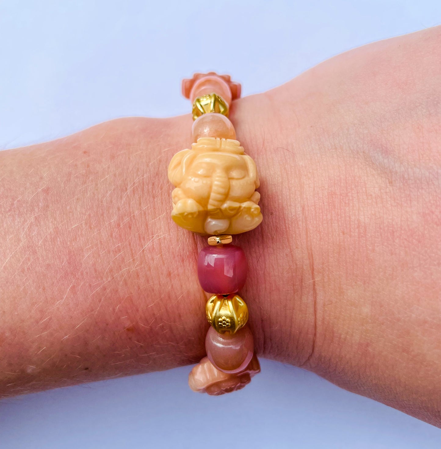 Natural Orange Botswana Agate with Natural Alashan Agate Baby Elephant Crystal Carving Beaded Stretch Adjustable Bracelet