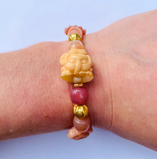 Natural Orange Botswana Agate with Natural Alashan Agate Baby Elephant Crystal Carving Beaded Stretch Adjustable Bracelet