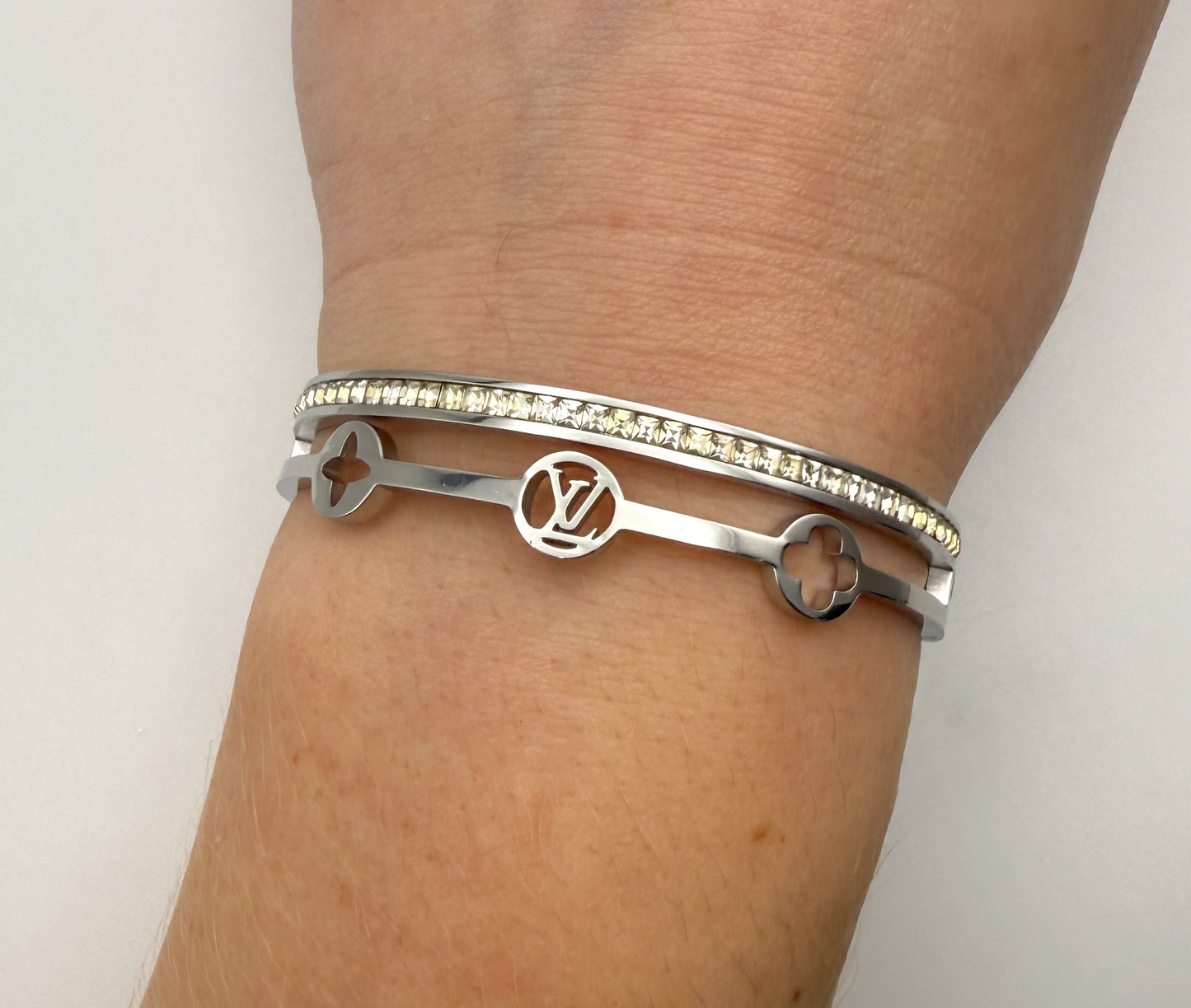 Silver Stainless Steel LV Designer with Rhinestones Bangle Bracelet