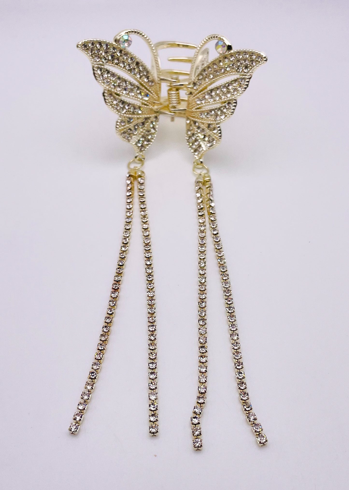 Small Gold Bling Butterfly Hair Clip with Dangling Bling Gold Chain