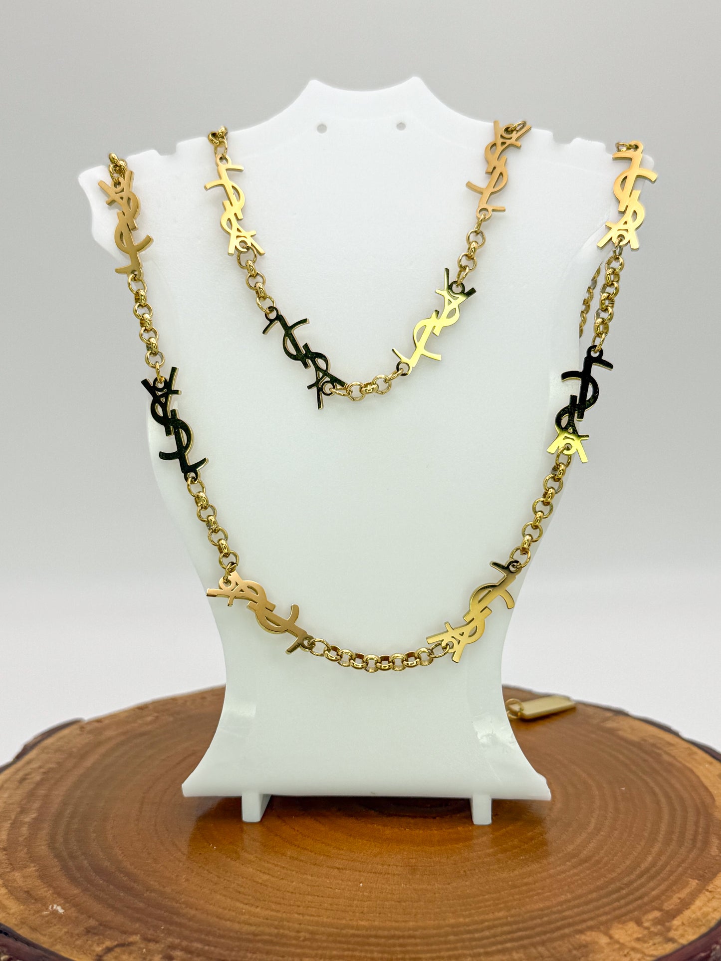 YSL Designer Gold Stainless Steel Matching Necklace & Bracelet Set