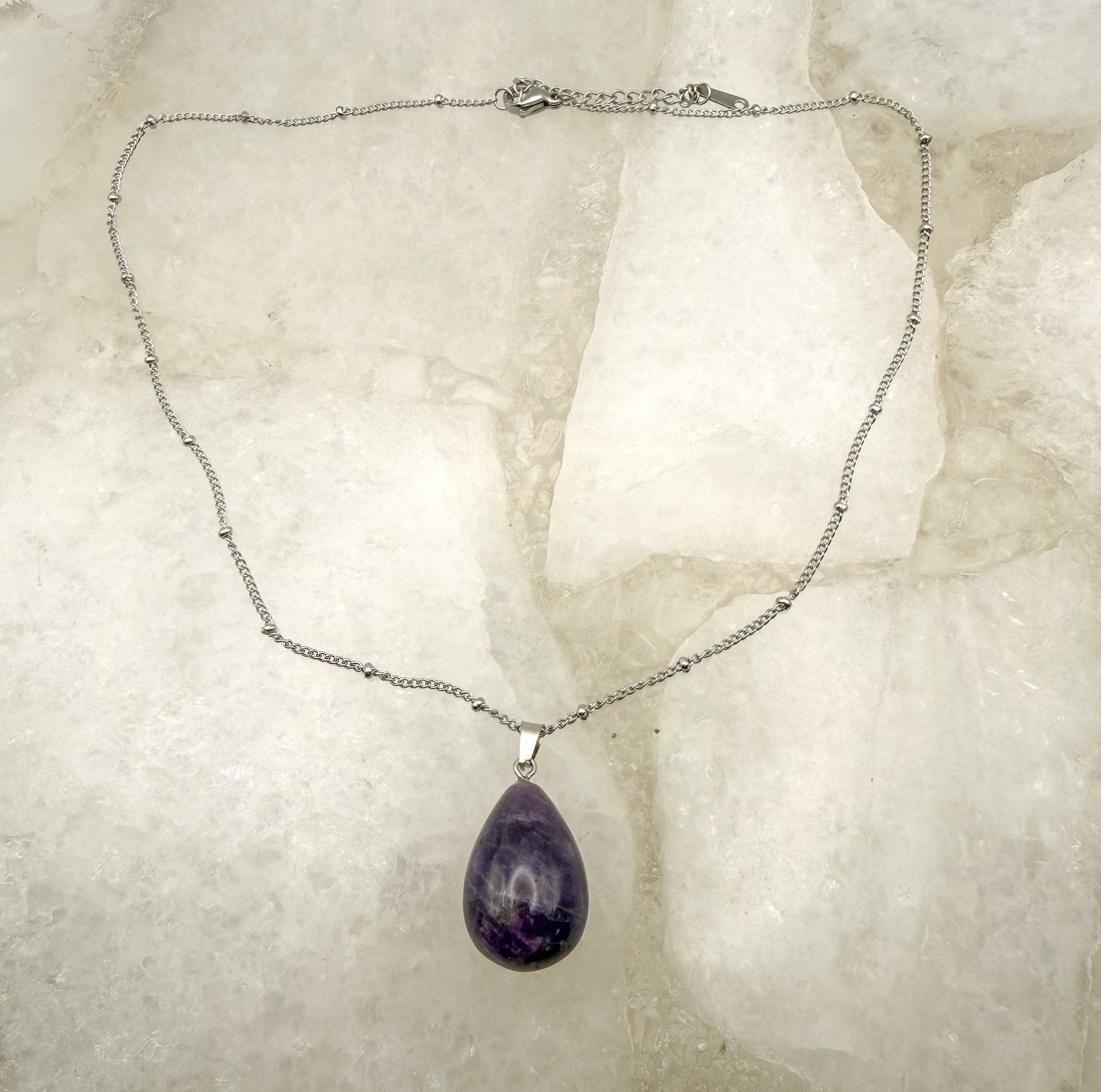 Natural Amethyst Teardrop Pendant Stainless Steel Chain Necklace