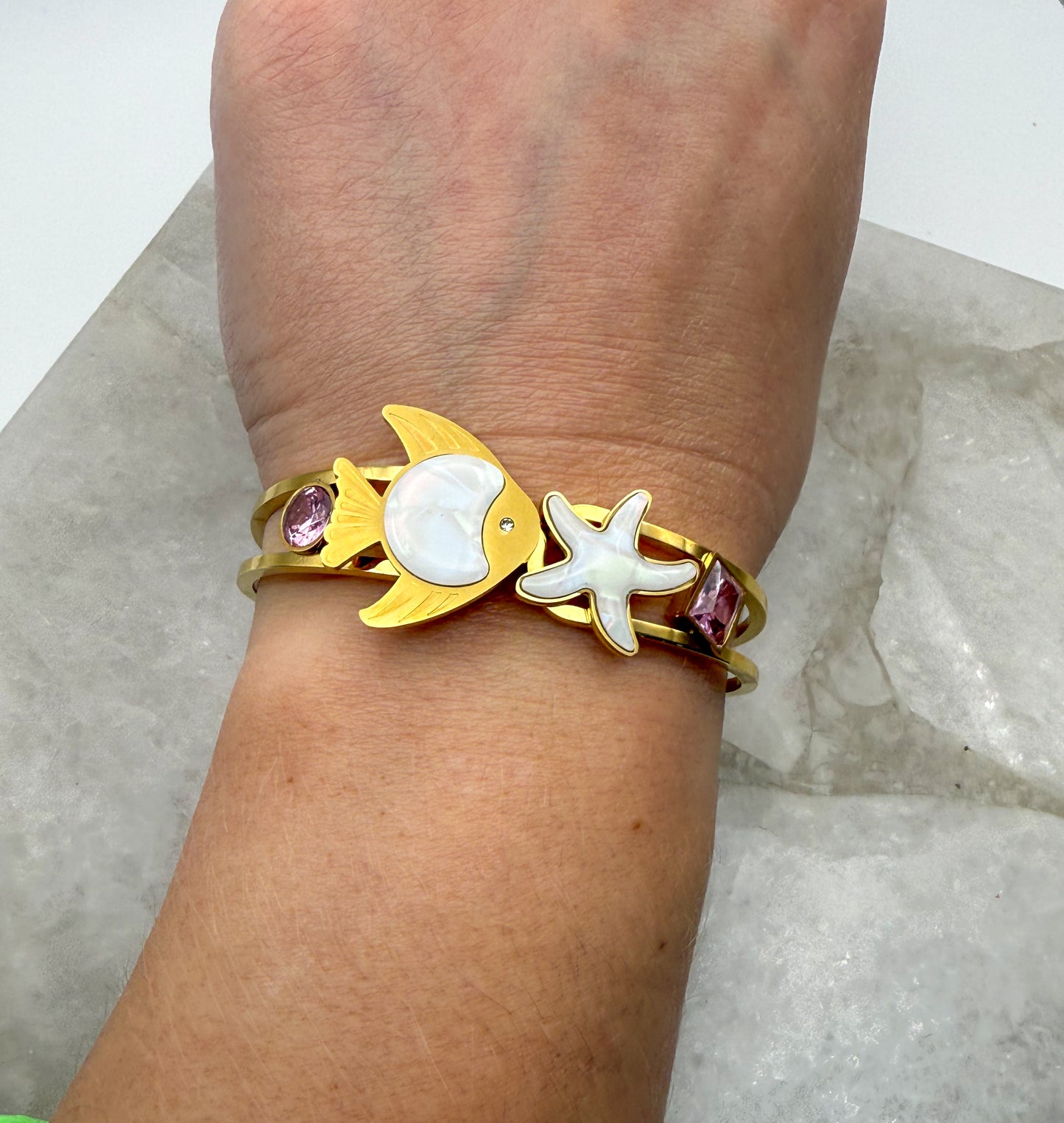 Gold Stainless Steel Sea Animal Open Front Bangle Bracelet