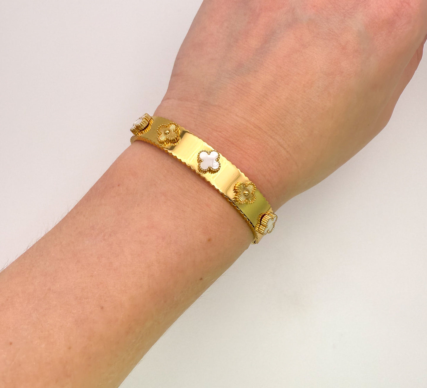 Gold with Mother of Pearl Shell Clover Bangle Bracelet