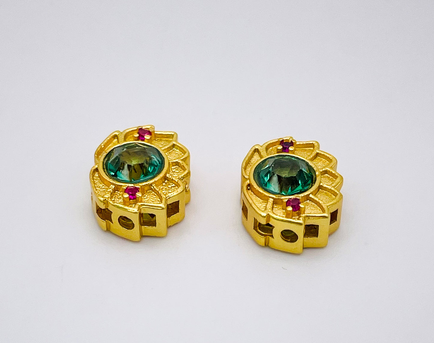 Gold Lotus Charm Bead with Big Green & Micro Pave Red Zircon Gems