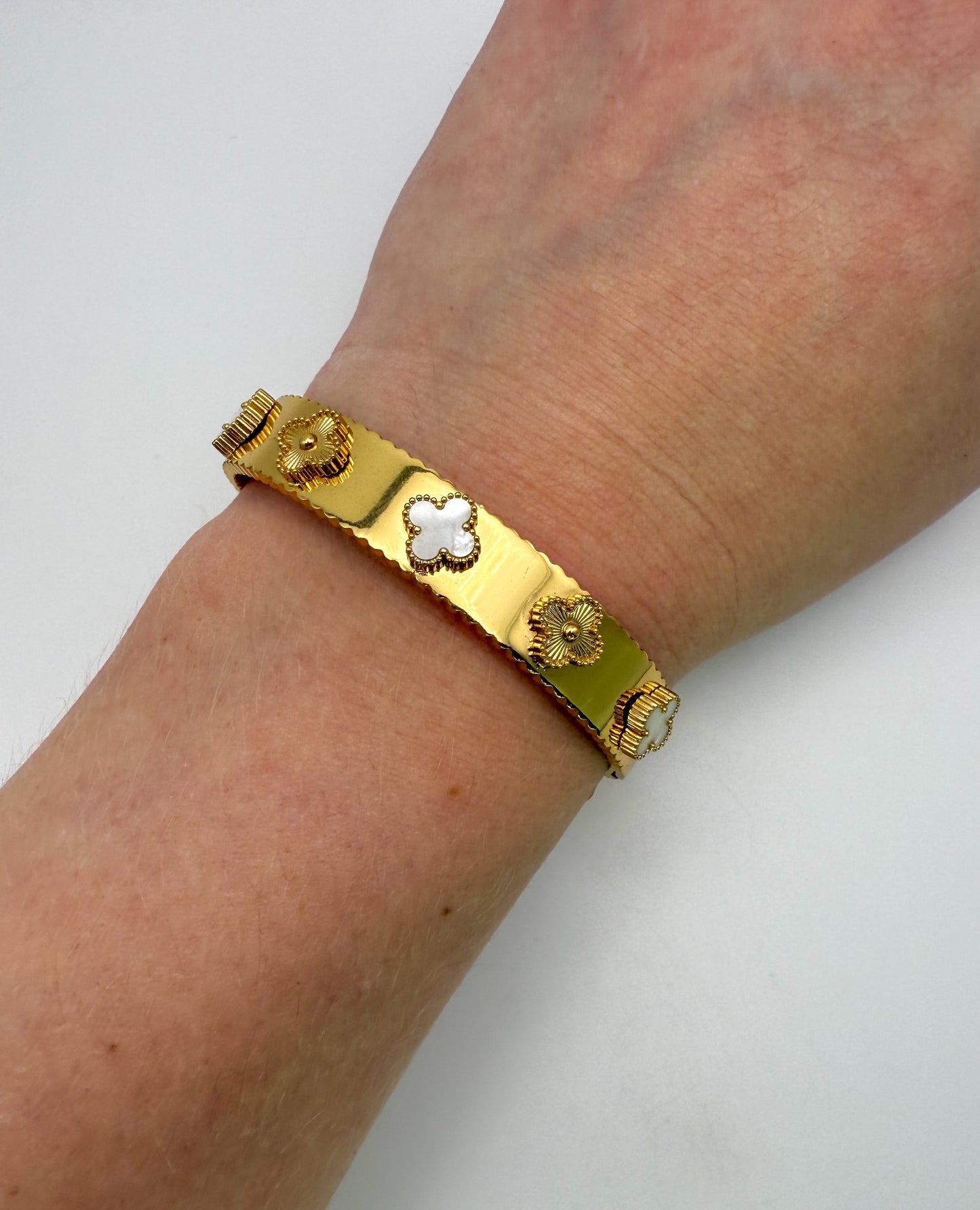 Gold with Mother of Pearl Shell Clover Bangle Bracelet