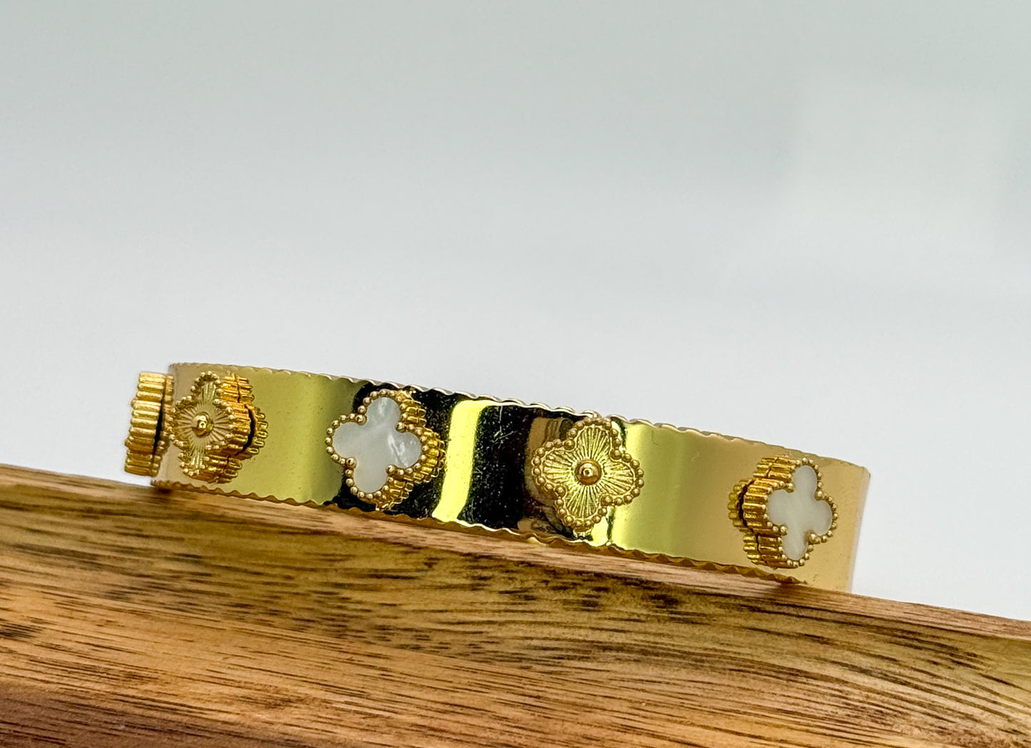 Gold with Mother of Pearl Shell Clover Bangle Bracelet