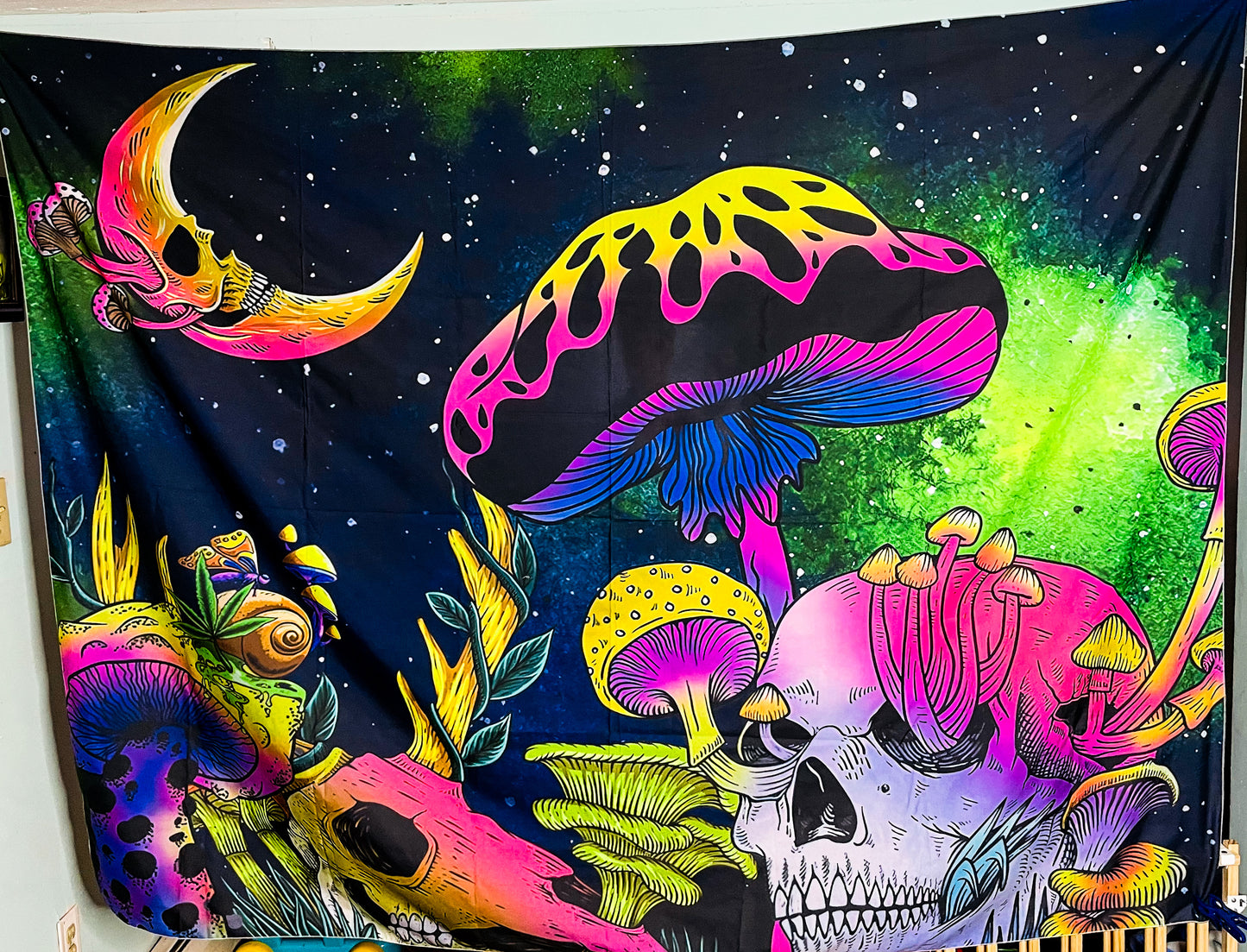 UV Blacklight Reactive Glow in the Dark Fantasy Skull Mushroom Land Tapestry