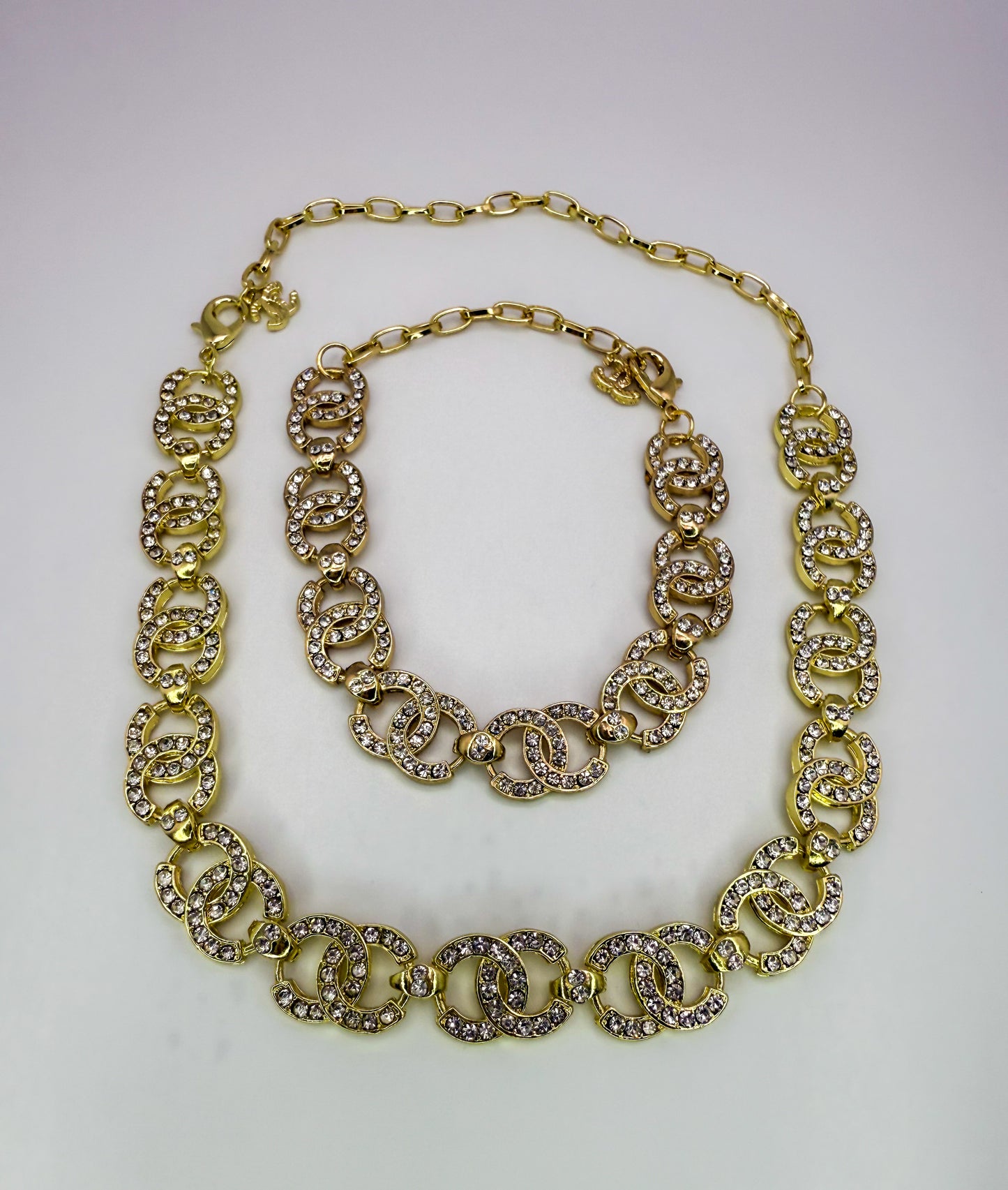 Elegant CC Designer Silver or Gold Matching Necklace and Bracelet set