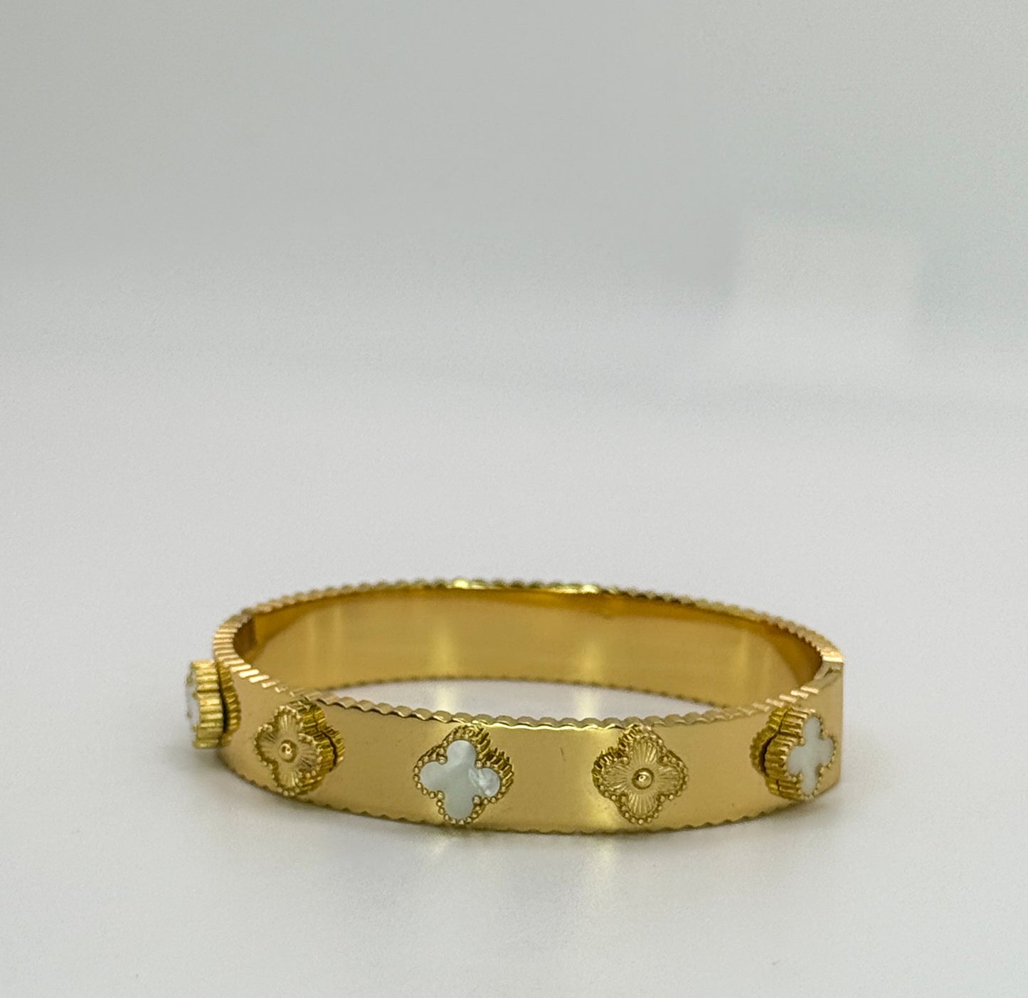 Gold with Mother of Pearl Shell Clover Bangle Bracelet