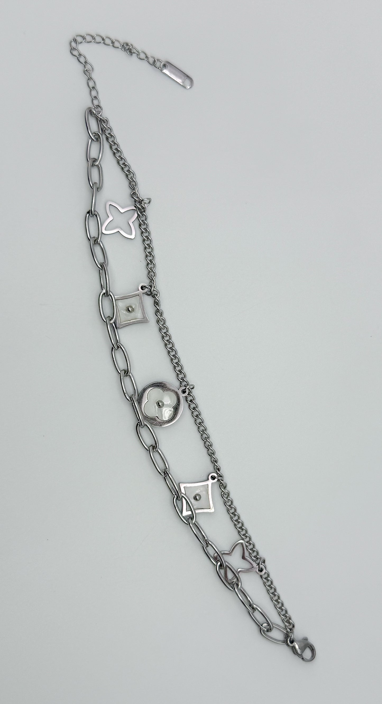 LV Designer Clover Logo Silver Stainless Steel Adjustable Bracelet